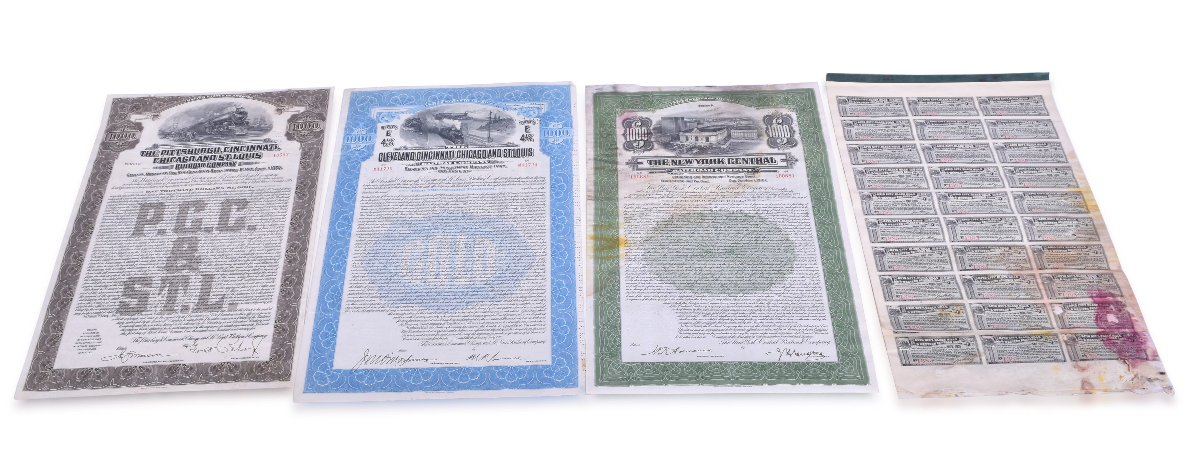 171 - Four Railroad Mortgage Improvement and Gold Bonds - New York Central, Cleveland, Cincinnati, Chicago and St. Louis, Rapid City, Black Hills and Western, etc thumbnail