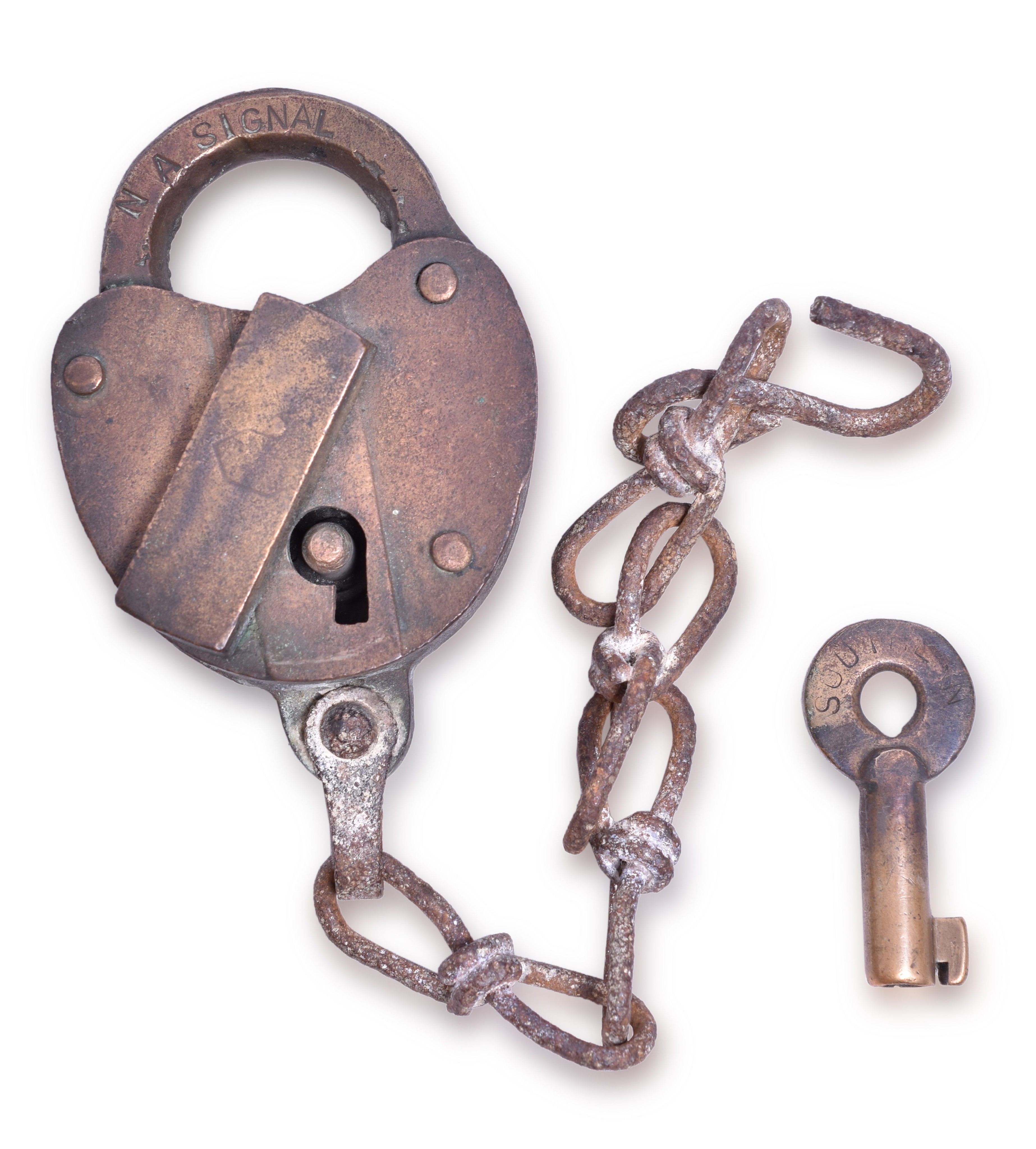 182 - A&W Heart Shaped Brass Lock - Marked NA Signal w/ Southern Key thumbnail