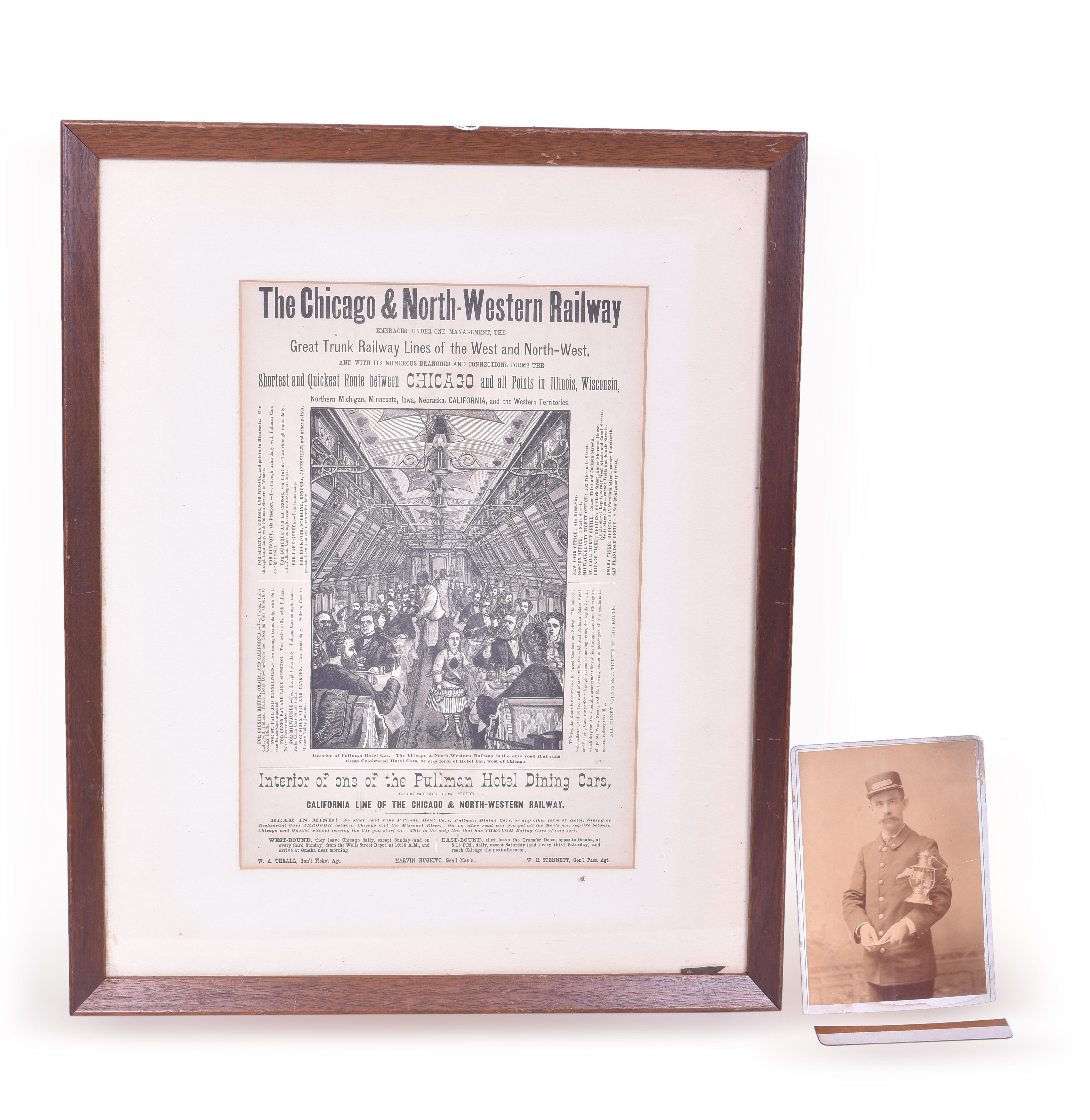 205 - Chicago and Northwestern Pullman Dining Car Advertisement and Pullman Conductor Photo w/ Presentation Lantern thumbnail