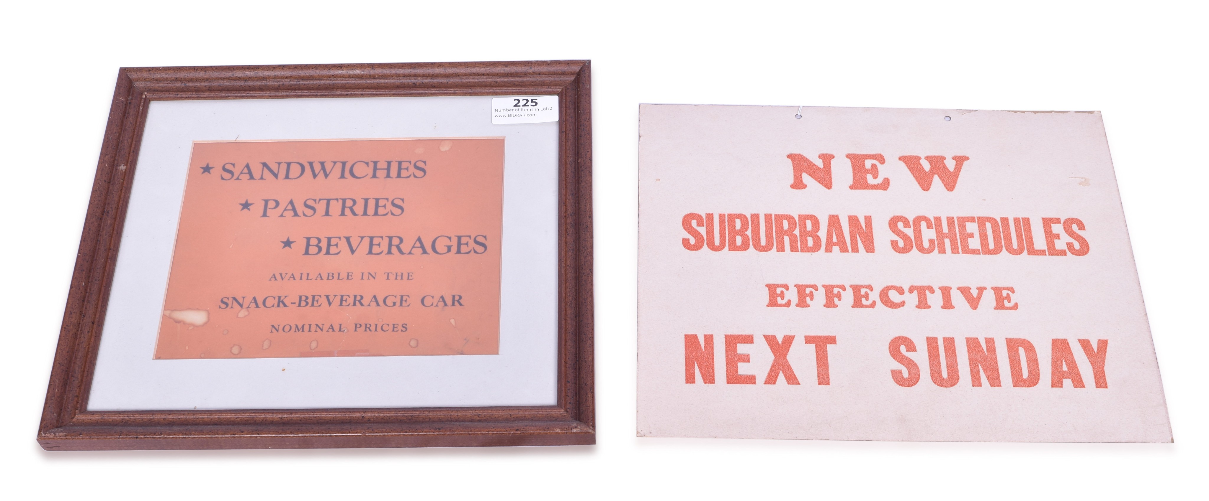 225 - Suburban Schedules and Sandwiches, Pastries, Beverages - Railroad Signs thumbnail