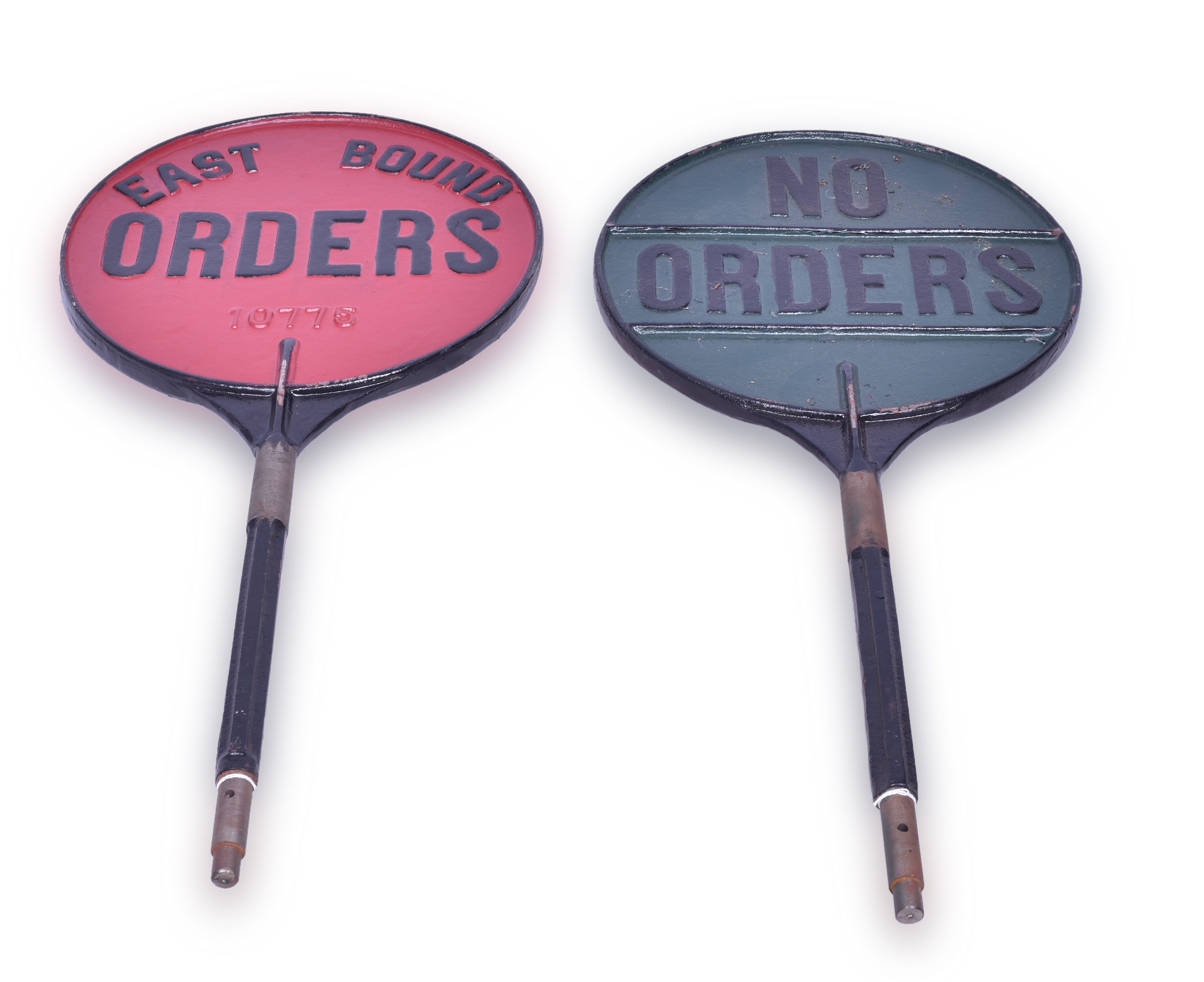 226 - Pair of Cast Iron Double Sided Train Order Signs - East and Westbound thumbnail