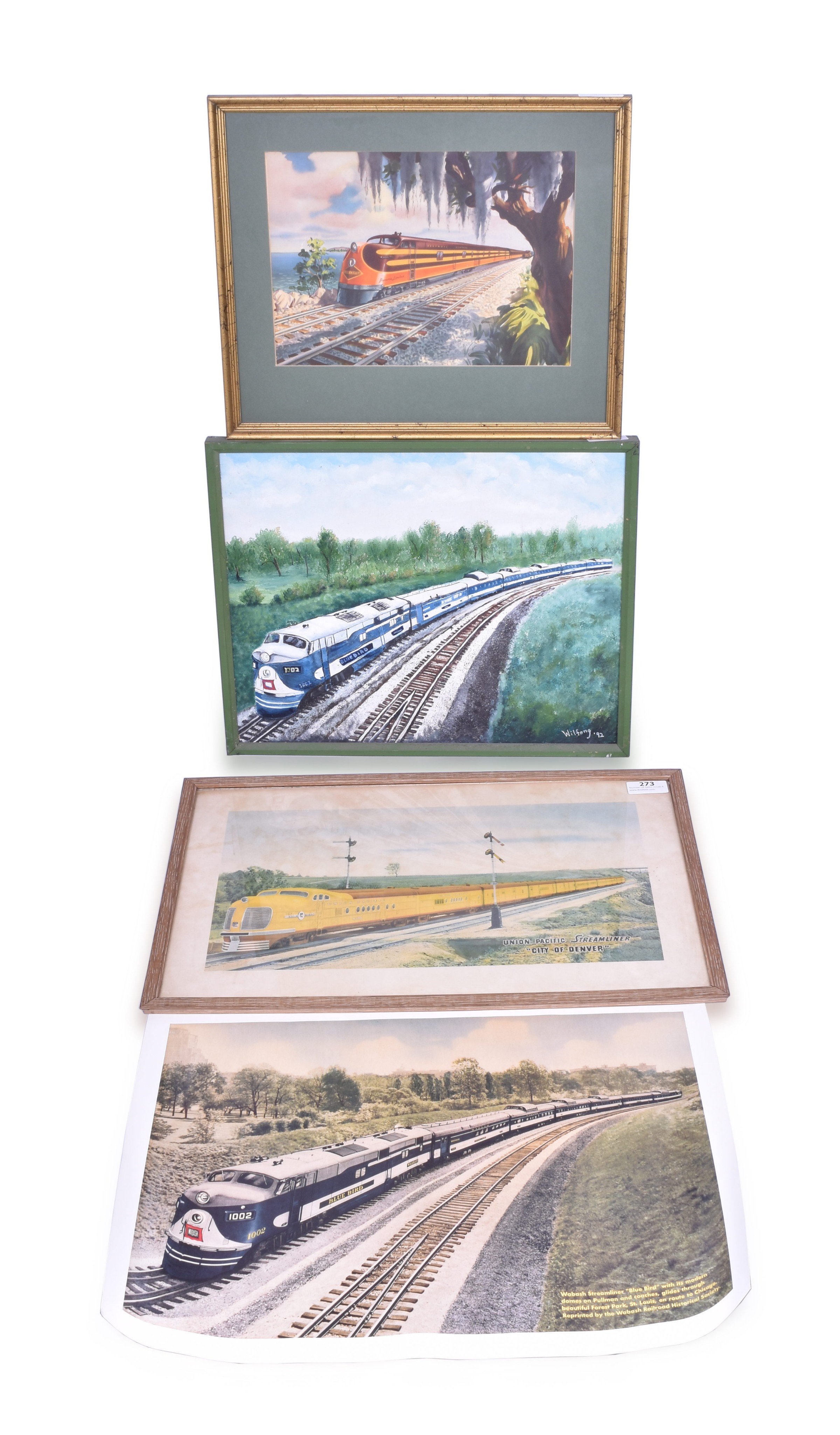 273 - Four Railroad Streamlined Locomotive Prints and Painting - Union Pacific M-10000, Wabash Blue Bird, Illinois Central thumbnail