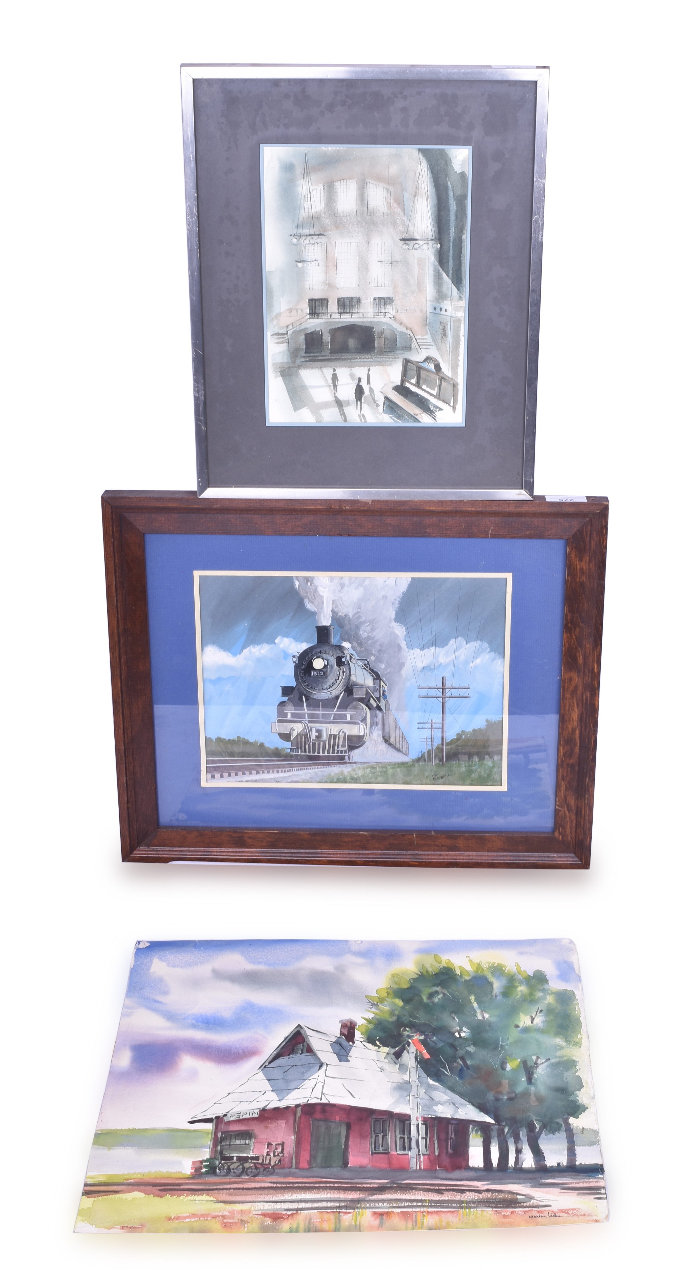 275 - Three Original Railroad Paintings - Chicago Union Station, #1512 steam locomotive, and Pepin Depot thumbnail