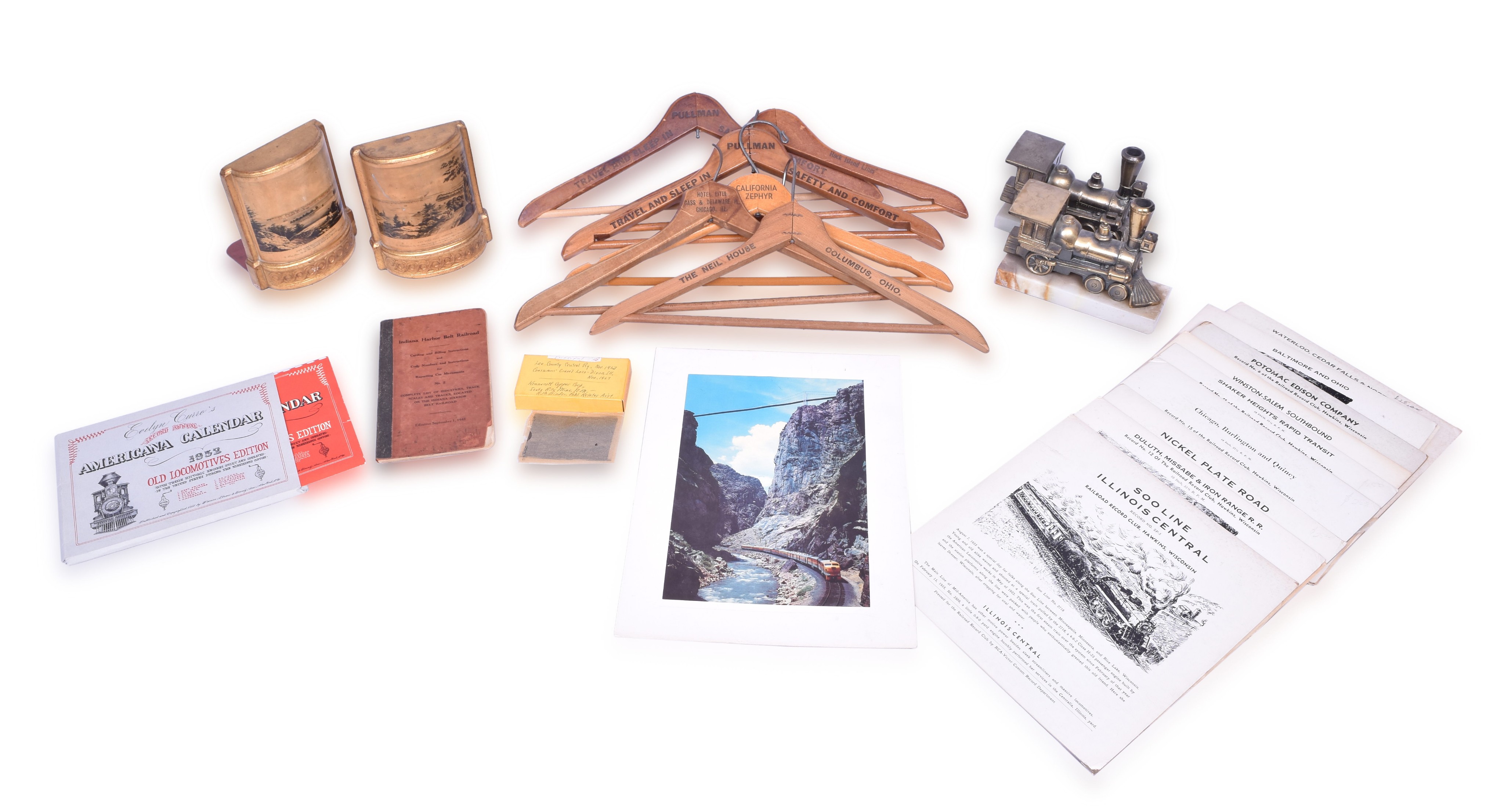 289 - Railroad Wooden Hangers, Records, Book Ends, Calendar, and more thumbnail