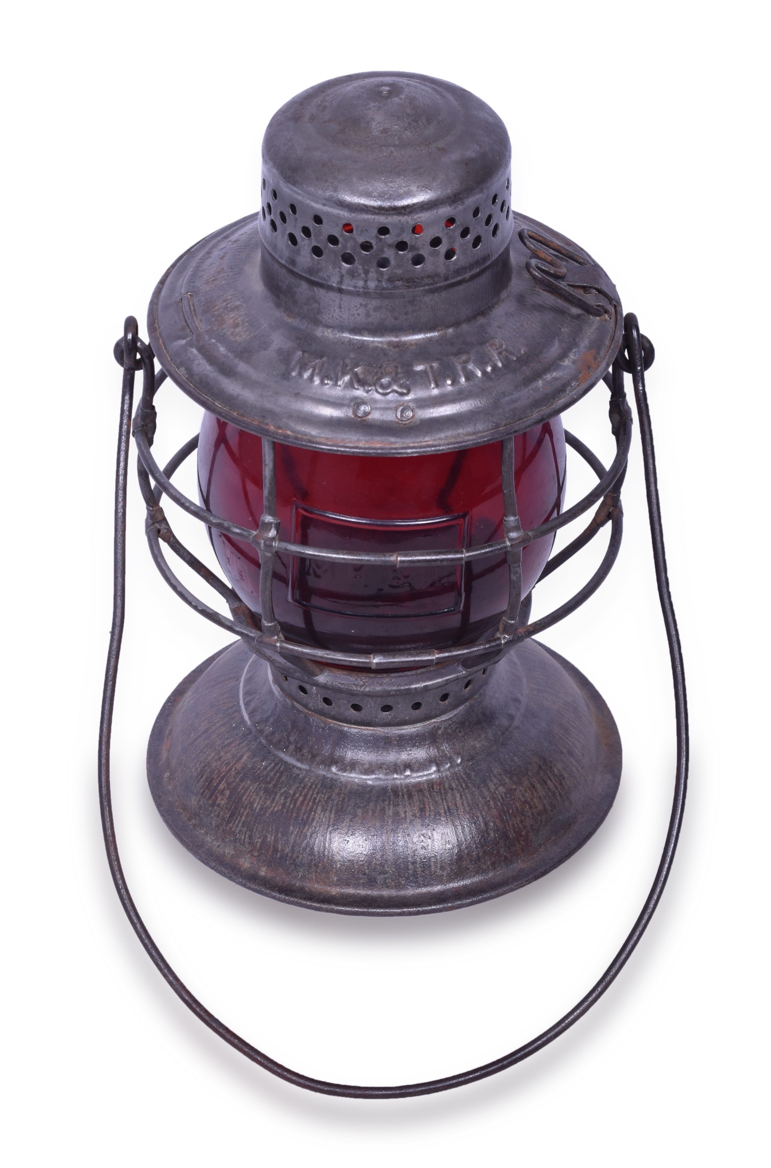 294 - Handlan Bell Bottom Missouri Kansas and Texas Lantern w/ Red Cast Globe thumbnail