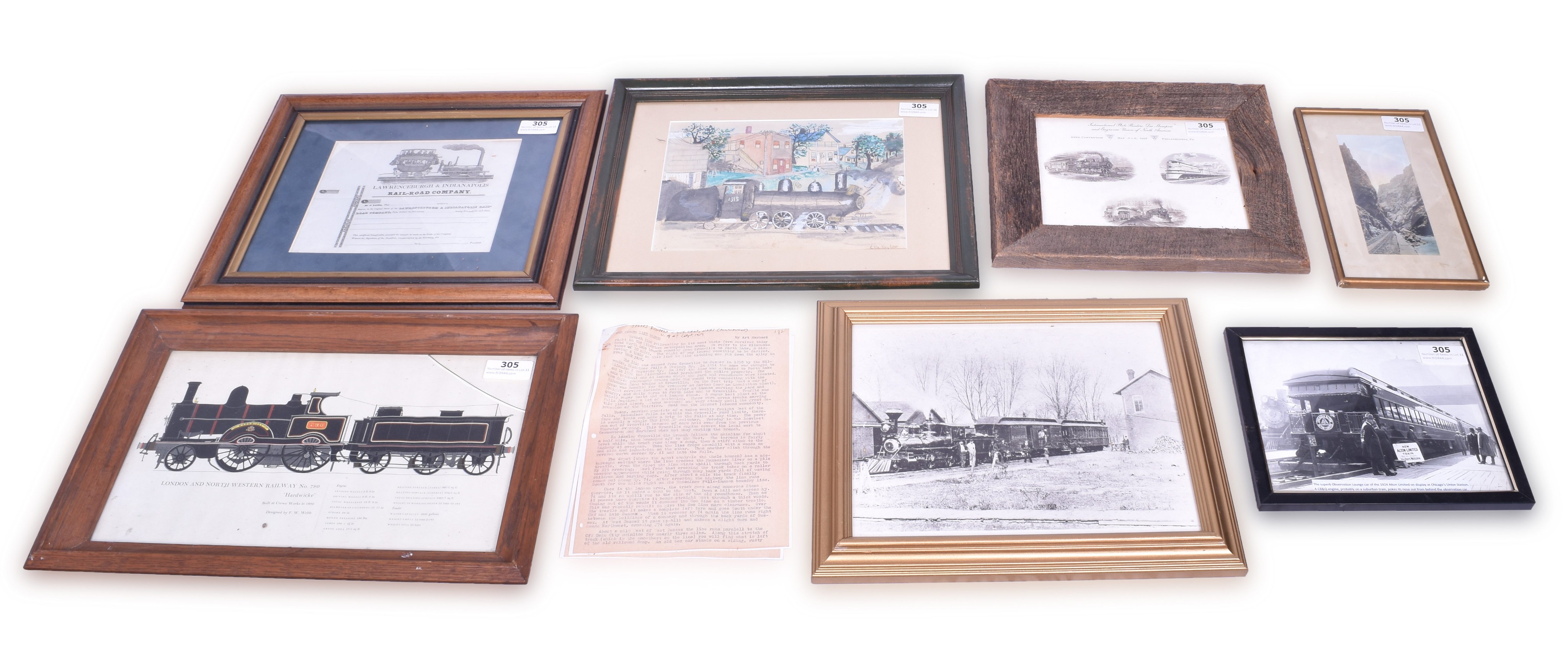 305 - Ten Framed Railroad and Other Prints and Photographs - Chicago and Alton, Wisconsin Central, Lawrenceburg and Indianapolis. thumbnail