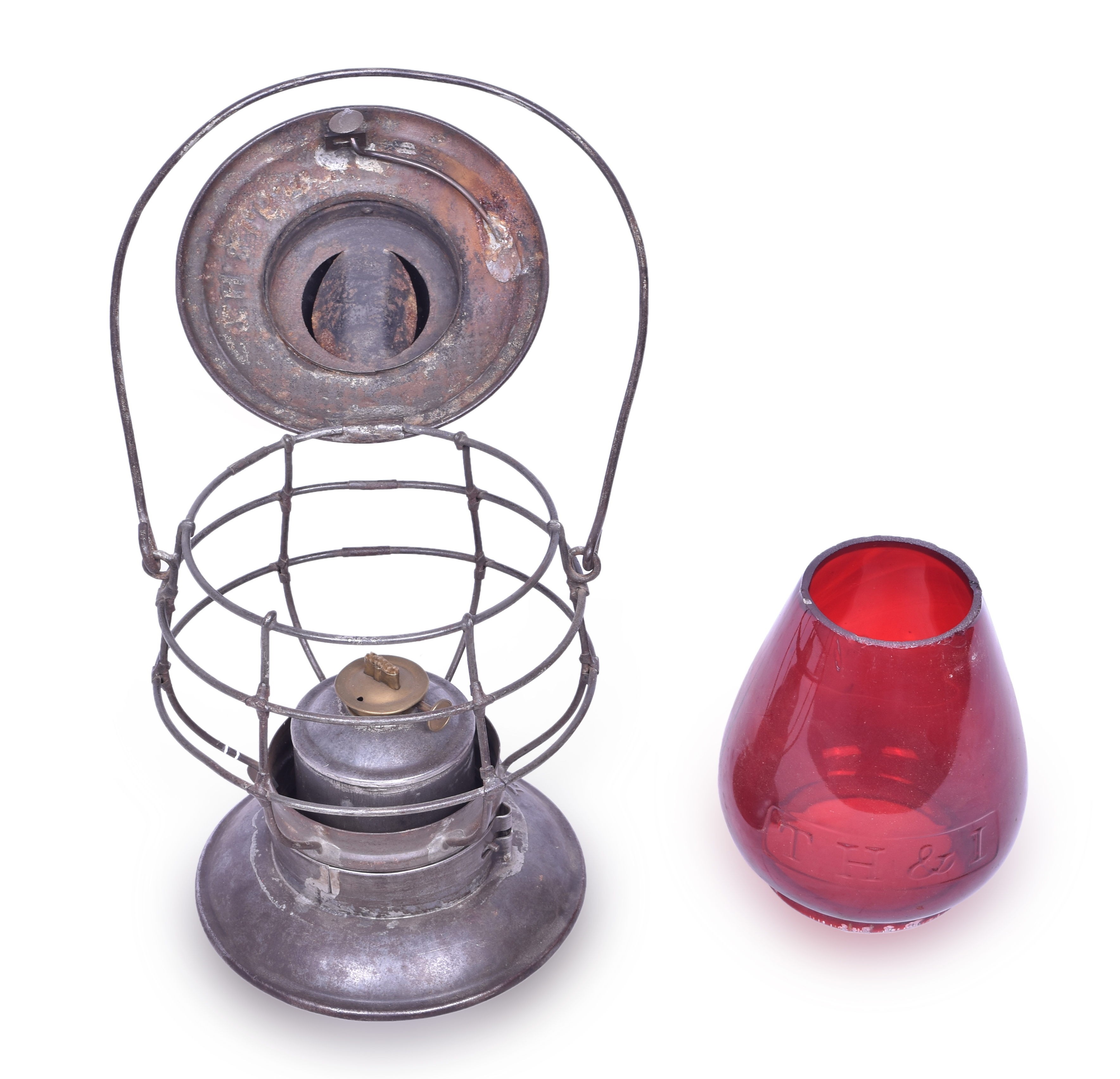 400 - Terre Haute & Indianapolis Brass Top, Bell Bottom w/ Red Cast Globe Lantern thumbnail