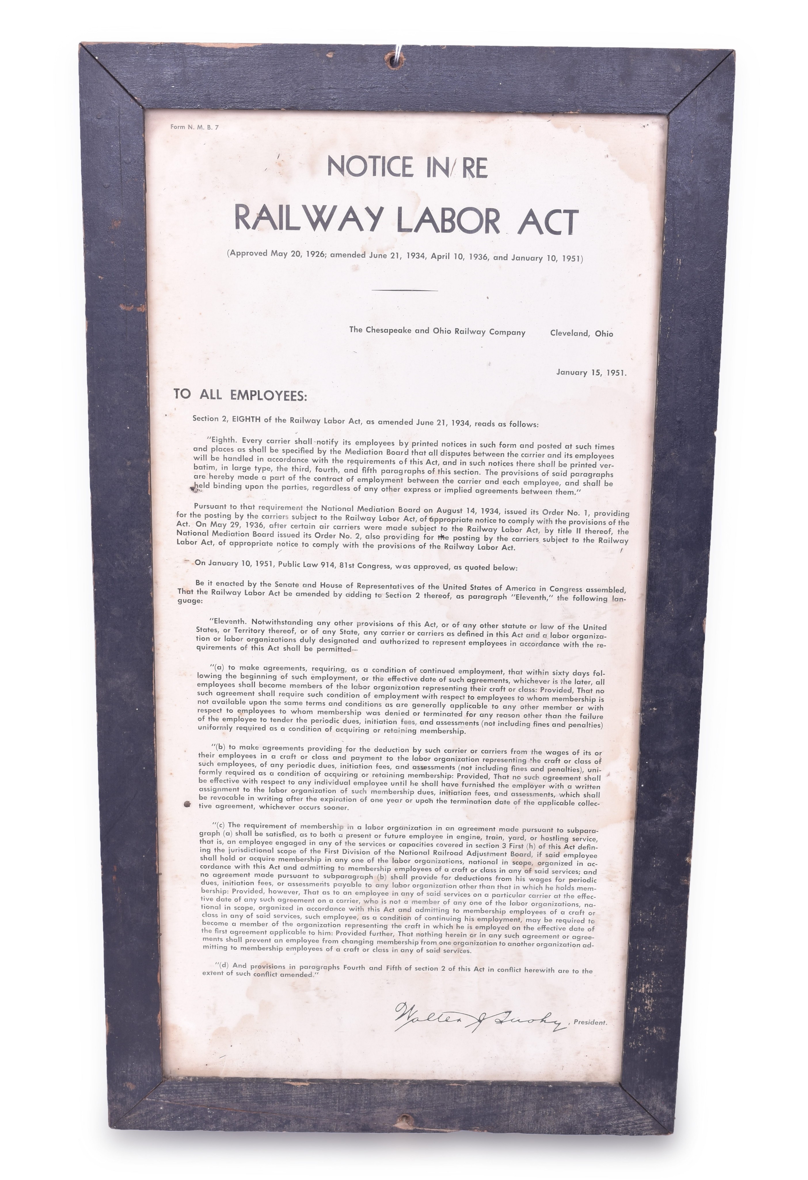 426 - Chesapeake and Ohio 1951 Railway Labor Act Noticed Framed thumbnail