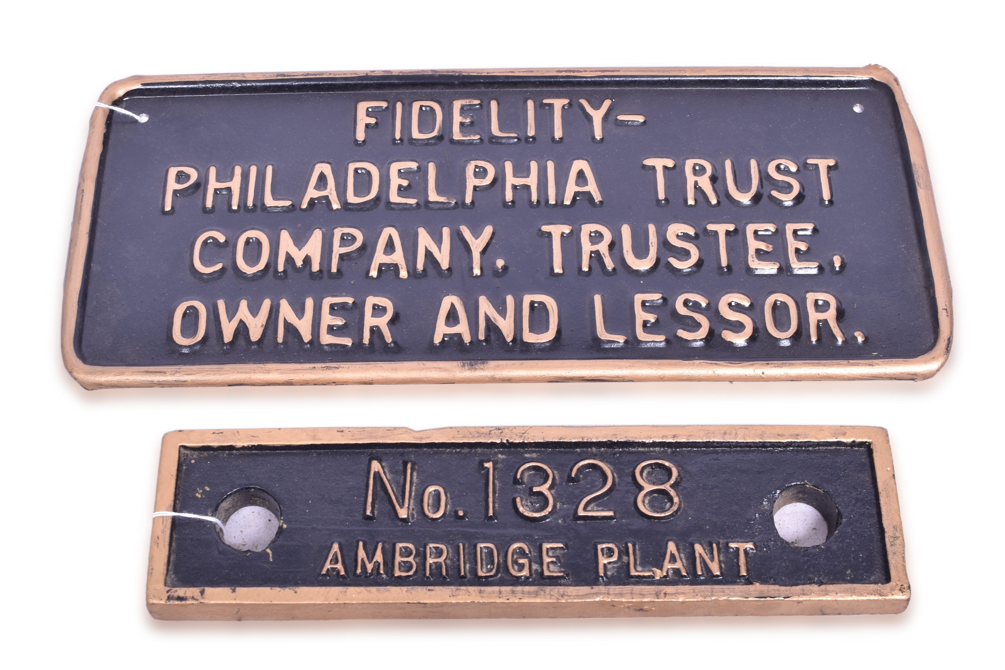 474 - Cast Ambridge Bridge Plate and Fidelity-Philadelphia Railroad Trust Plate thumbnail