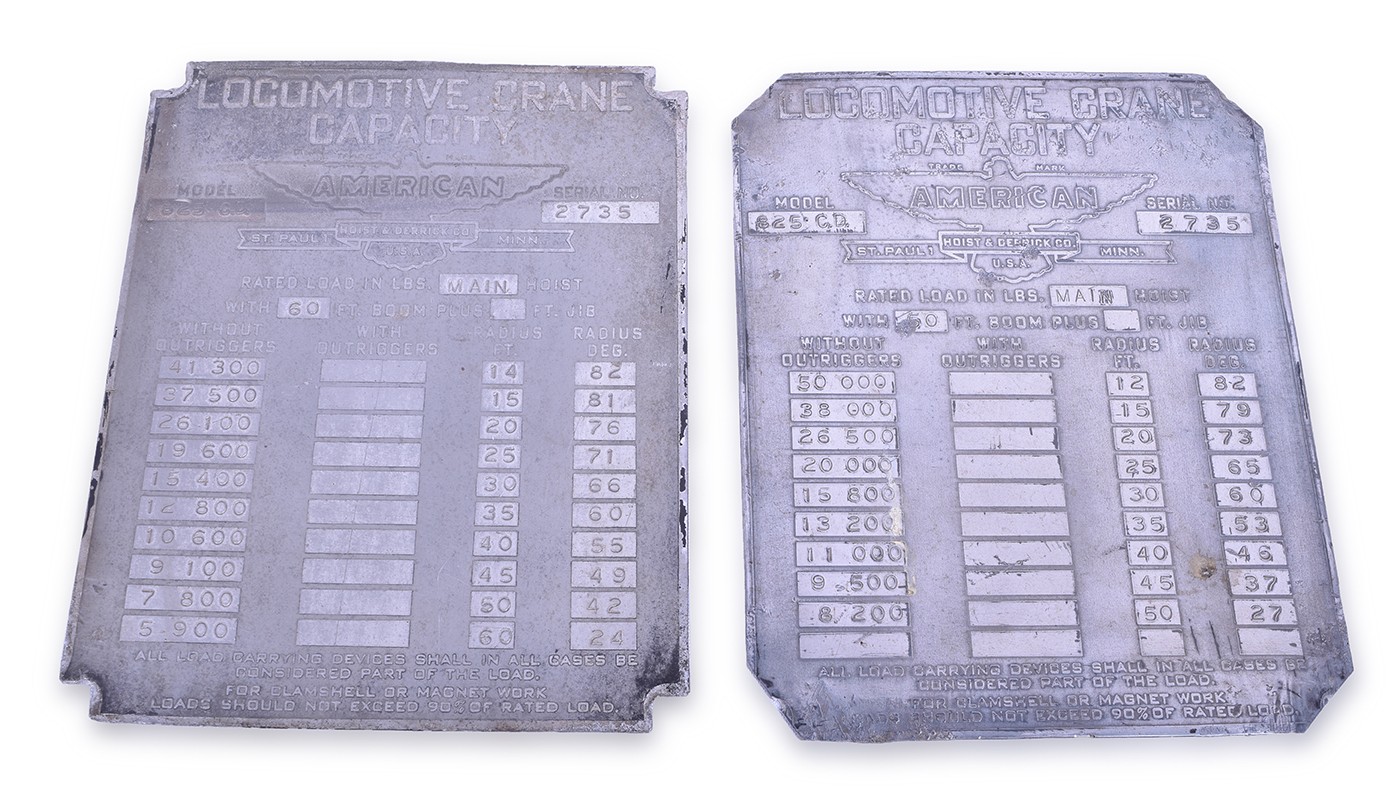 1005 - Pair of American Hoist and Derrick 825 CD Locomotive Diesel Crane Builders Plates thumbnail