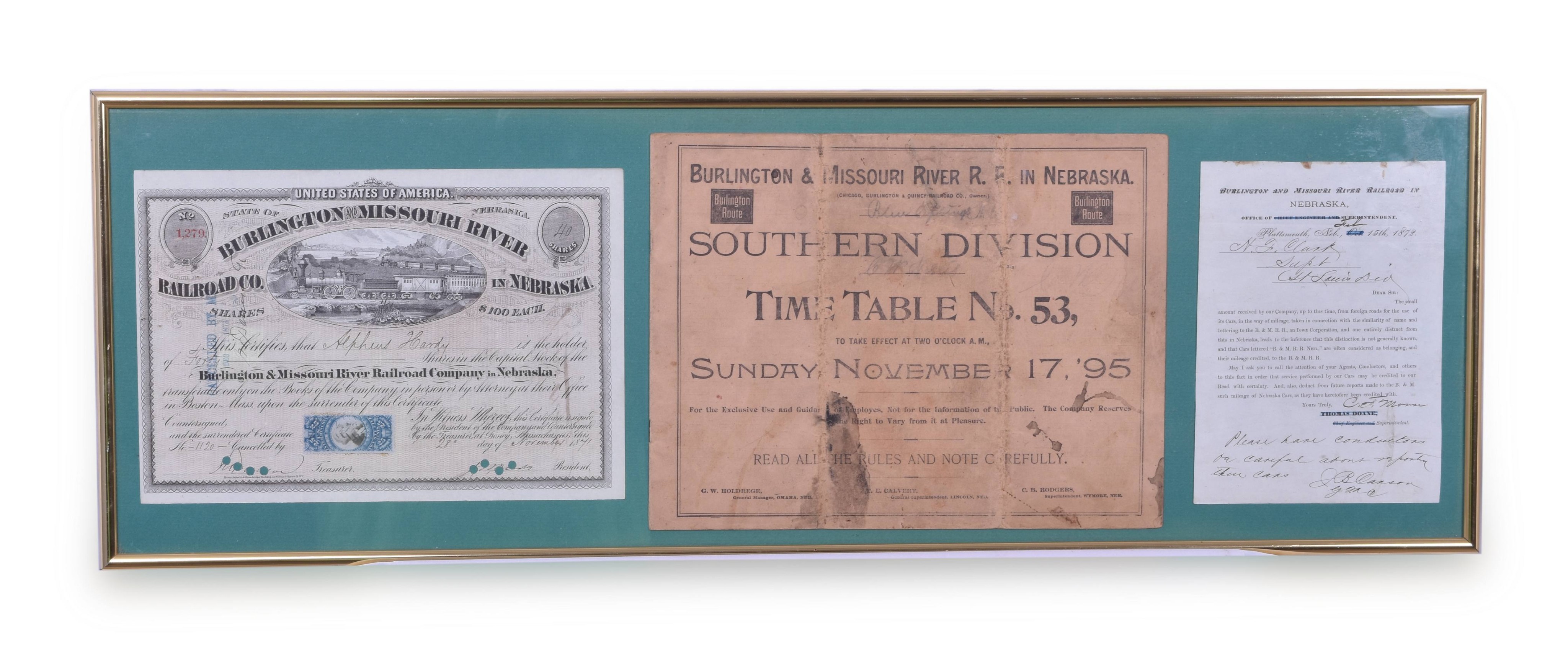 1013 - Burlington and Missouri River Railroad in Nebraska - 1871 Stock Certificate, 1895 Employee Timetable, 1872 Note thumbnail