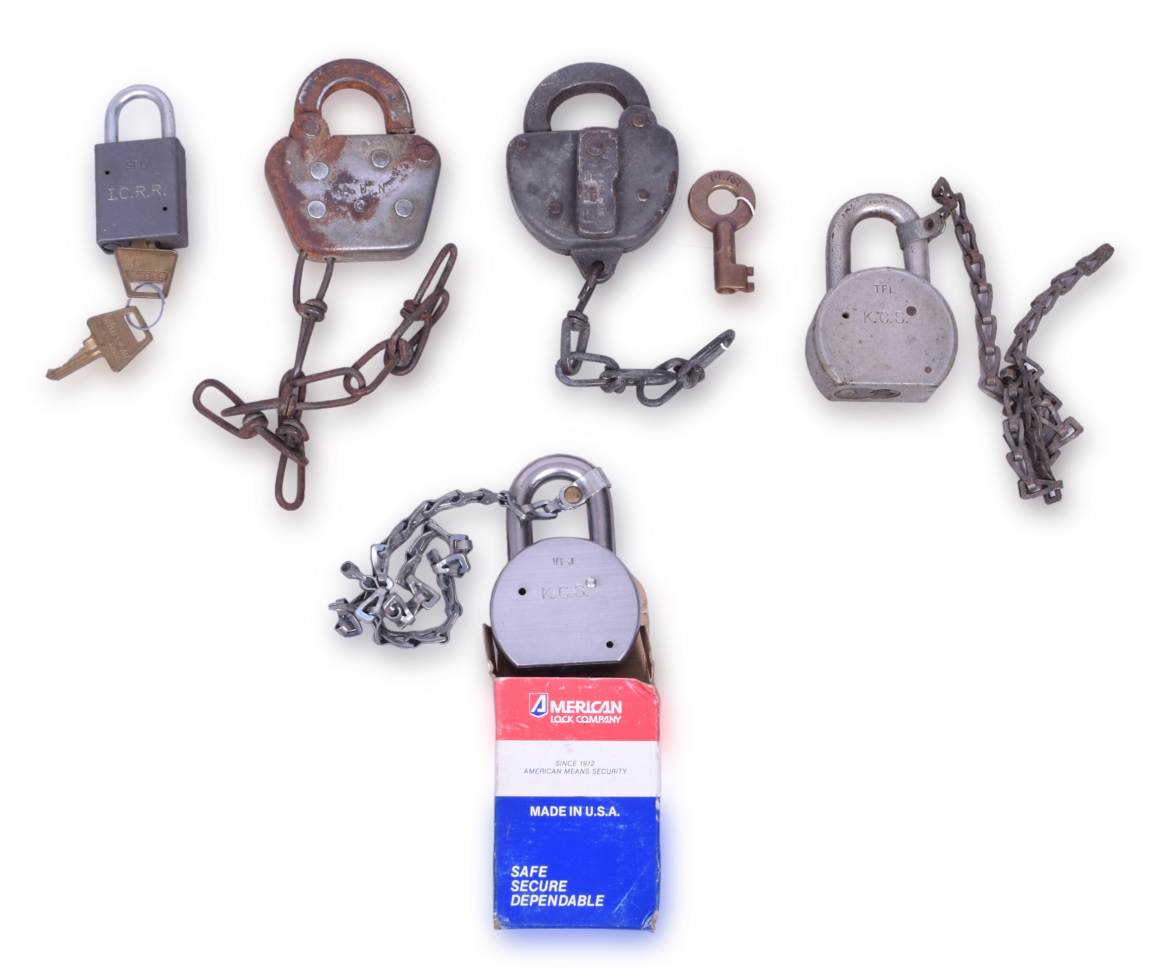 1014 - Five Railroad Locks - Ashley, Drew, and Northern, Illinois Central, Pennsylvania, Kansas City Southern thumbnail