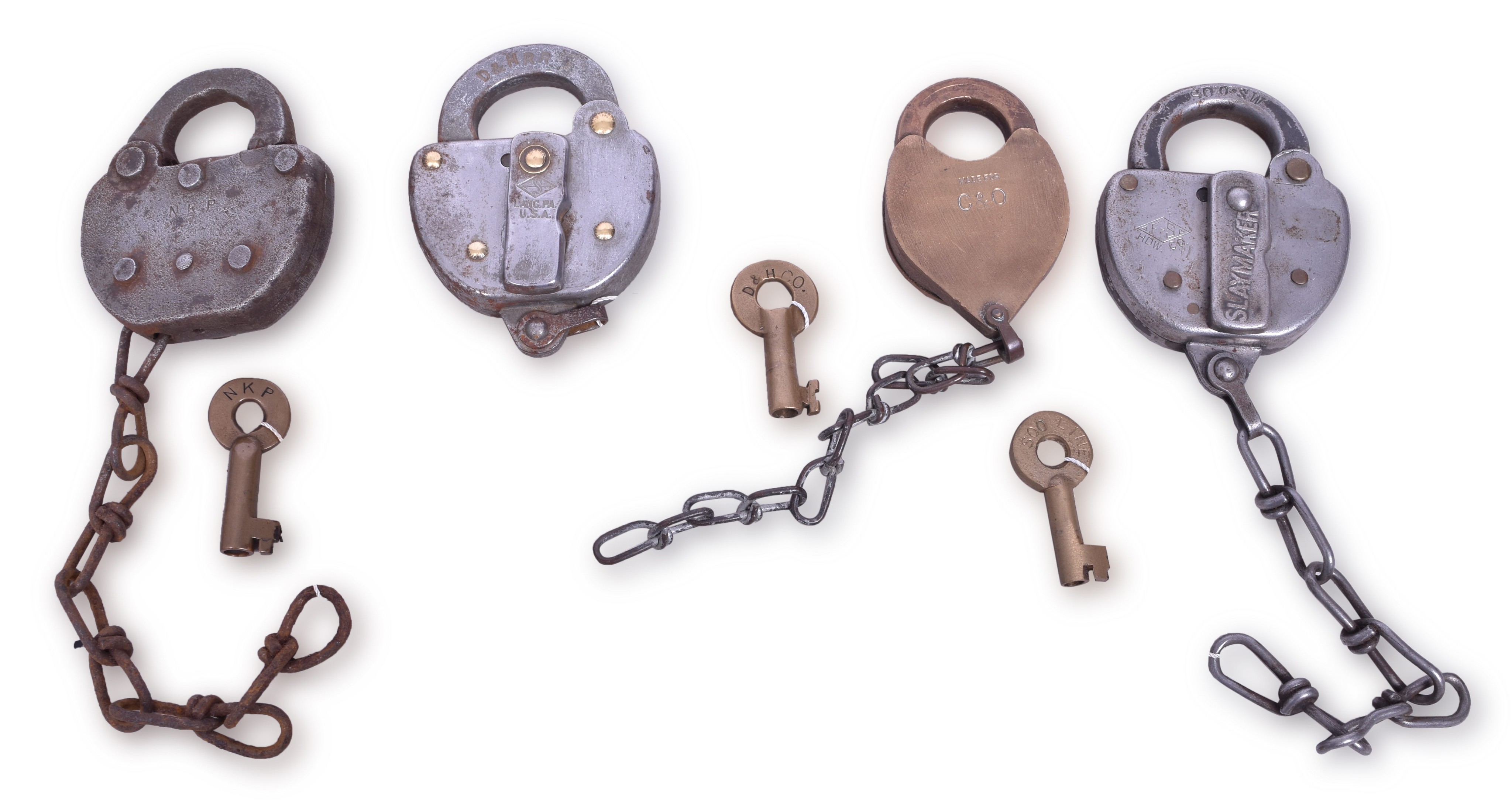 1020 - Four Railroad Locks - Chesapeake and Ohio, Soo Line, Nickel Plate, and Delaware and Hudson - Slaymaker and Adlake thumbnail