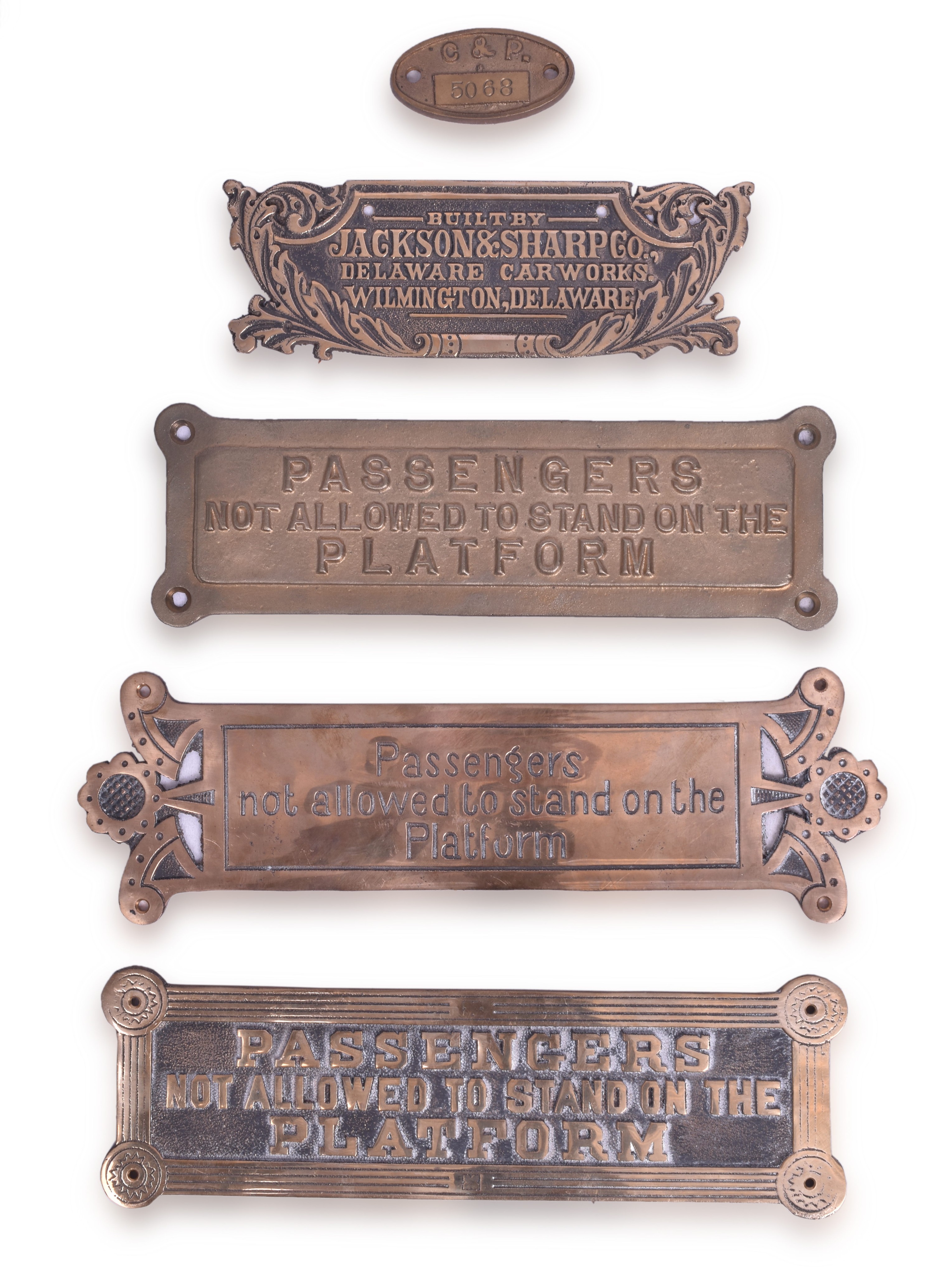 1034 - Five Recast Brass Railroad Plates - Passengers Not Allowed to Stand on the Platform, Jackson & Sharpe Co., thumbnail