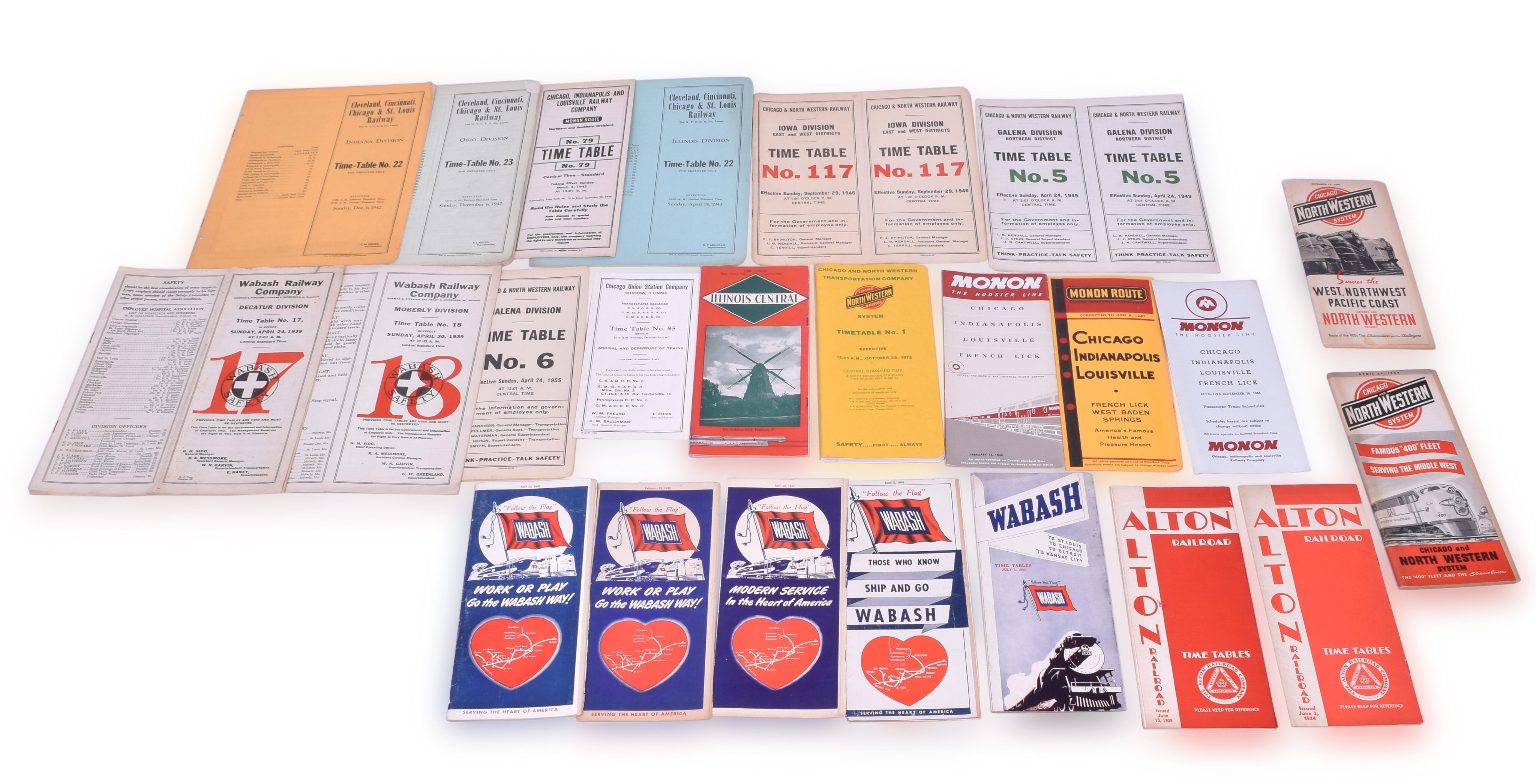 1047 - Group of Employee and Public Timetables - Wabash, Monon, Chicago and Northwestern, Illinois Central, Cleveland, Cincinnati, Chicago & St. Louis thumbnail