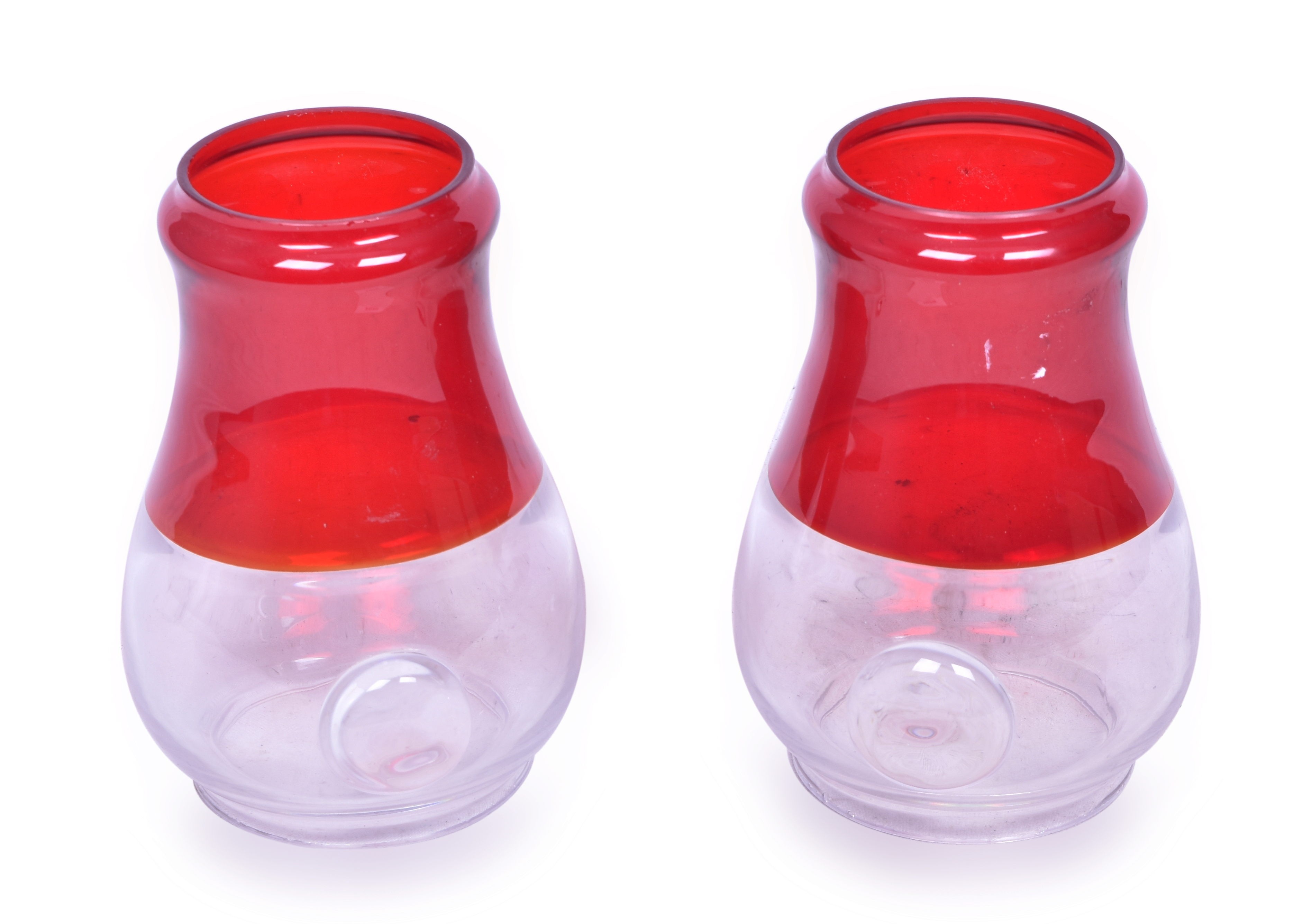 1058 - Two Red Over Clear Reproduction Bullseye Roll Top Lantern Globes thumbnail
