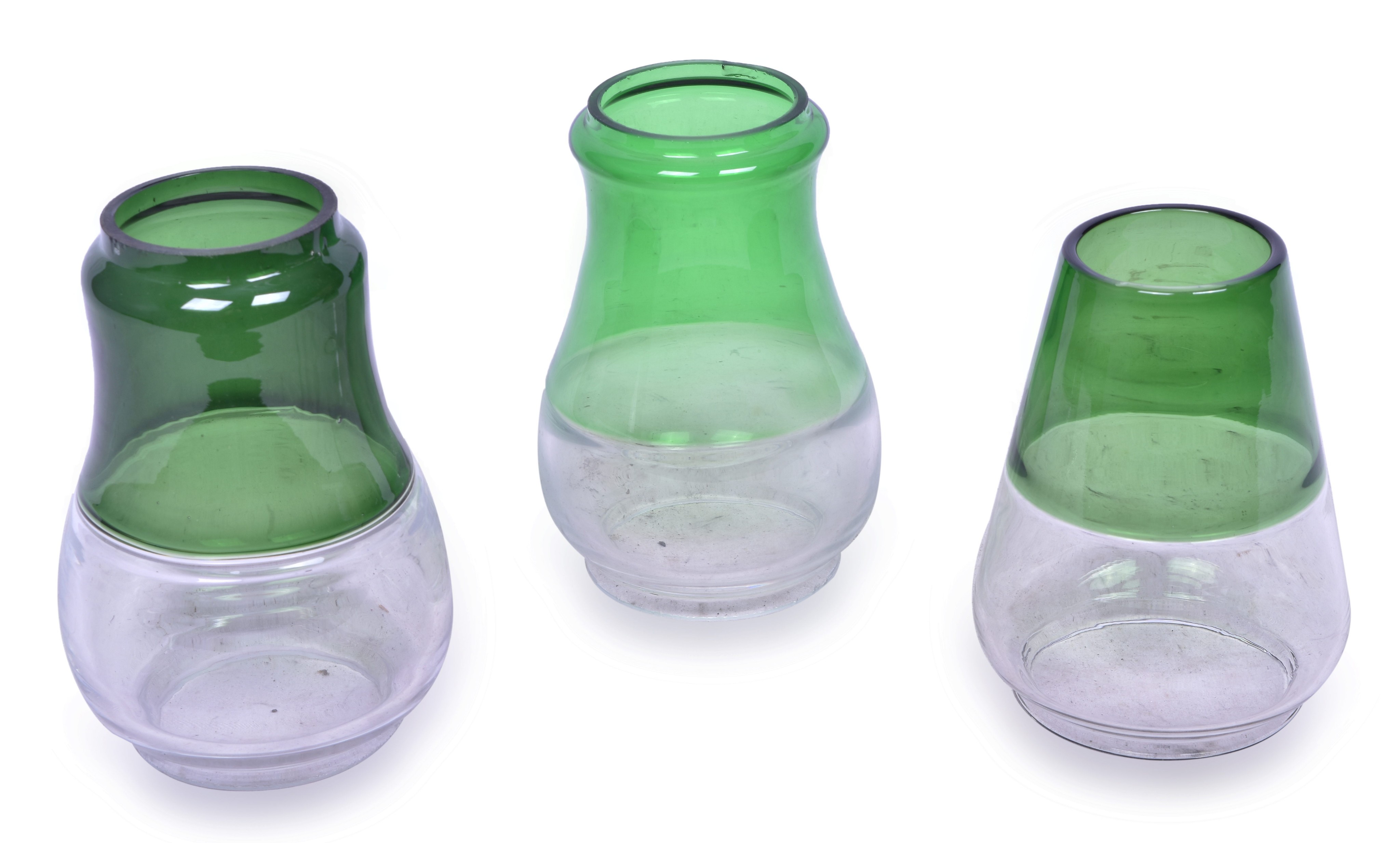 1064 - Three Reproduction Green Over Clear Extended Base Tall Lantern Globes thumbnail
