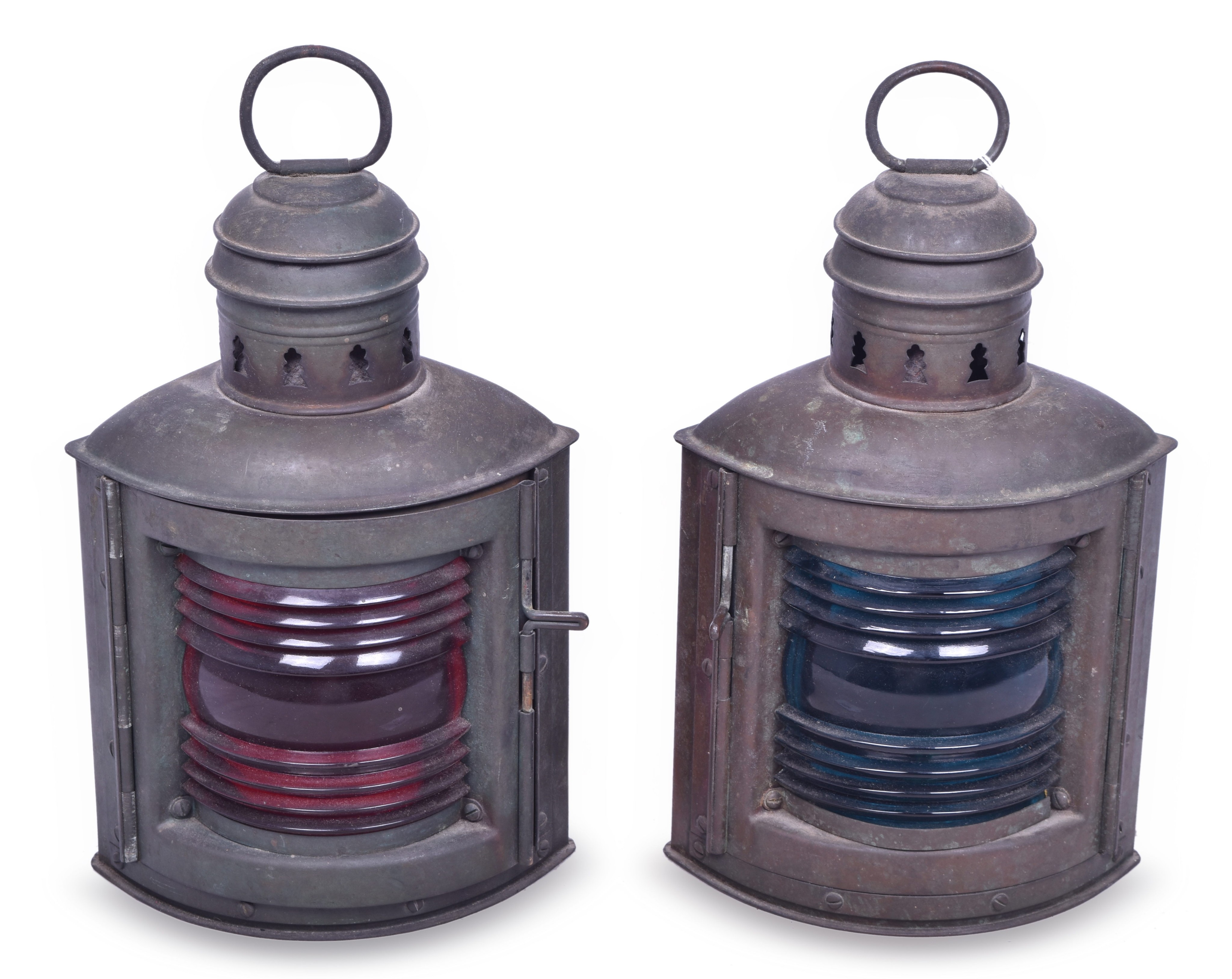 1094 - Matched Pair of Perko Nautical Corner Lamps - Red & Green Fresnel Lenses thumbnail