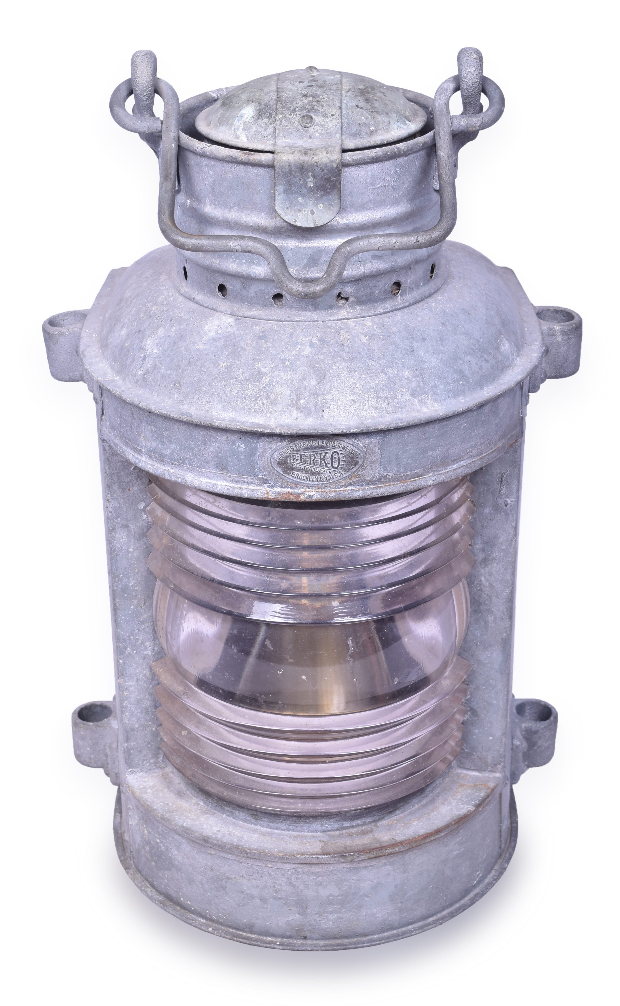 1108 - Perko Sheet Iron Nautical / Marine Lamp w/ Clear Fresnel Lens thumbnail