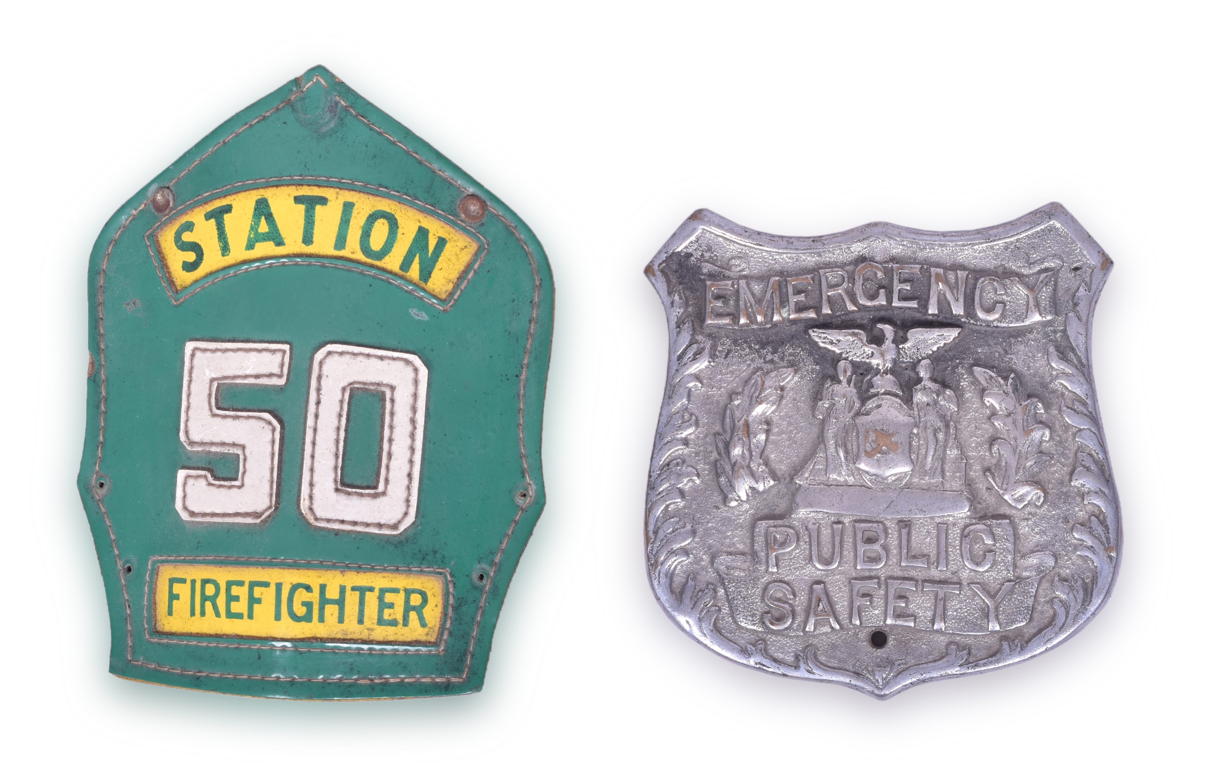 1114 - Cast Brass Emergency Public Safety Shield and Carins & Brothers Leather Helmet Badge thumbnail