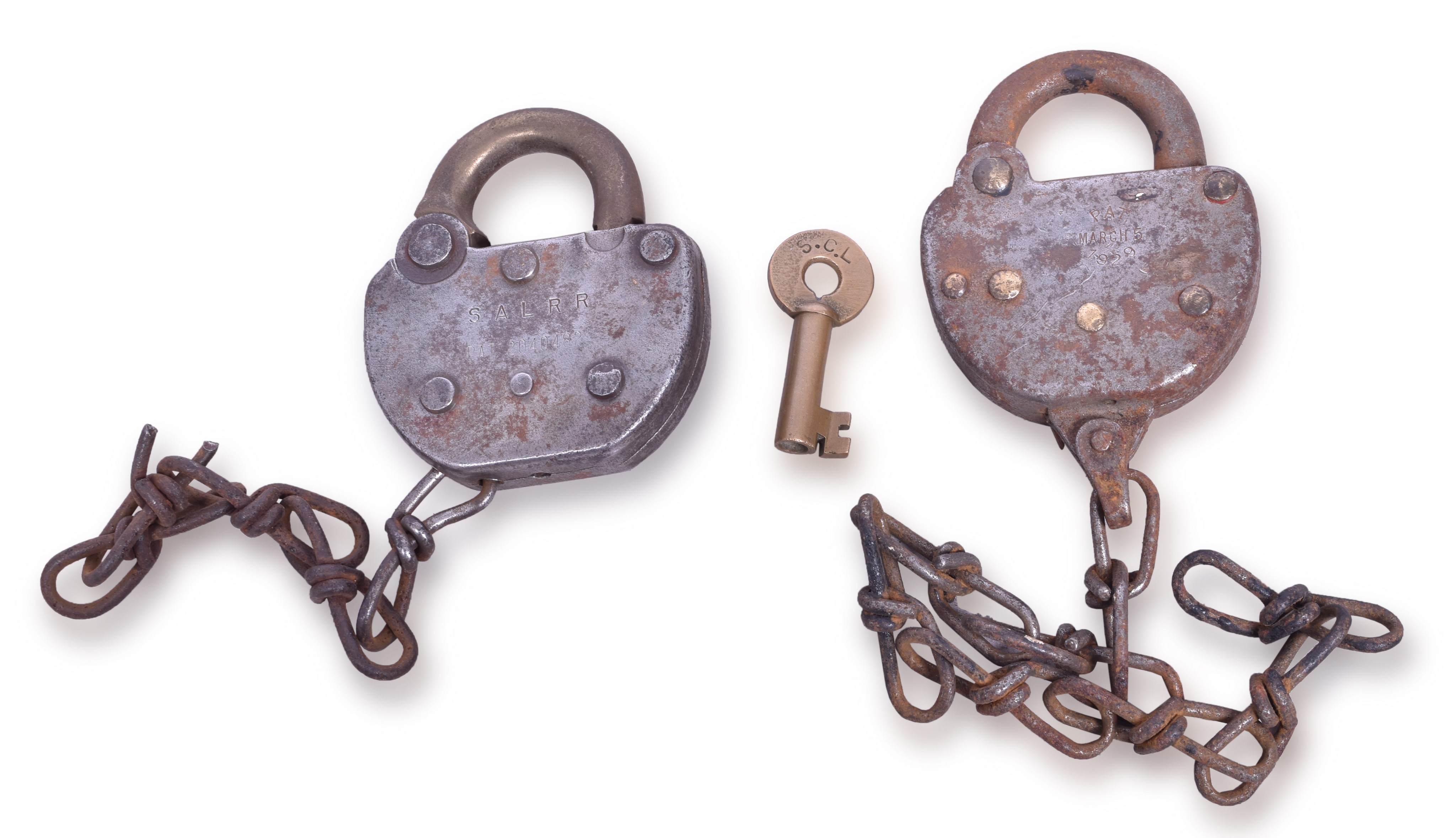 1131 - Pair of Seaboard Railroad Steel Switch Locks w/ Brass Key thumbnail