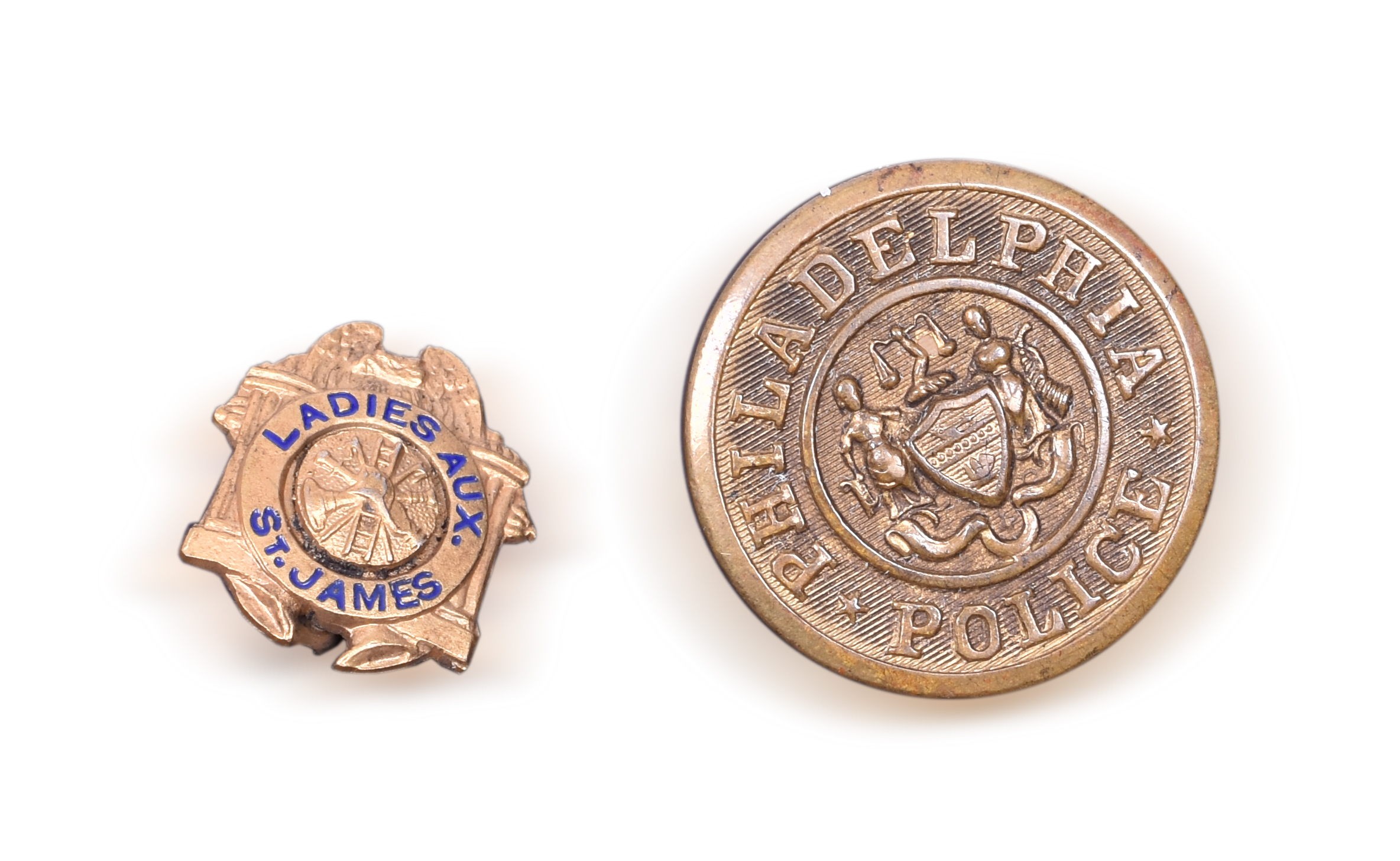 1146A - St. James Fire Department Ladies Auxiliary Pin & SACO Philadelphia Police Uniform Button thumbnail