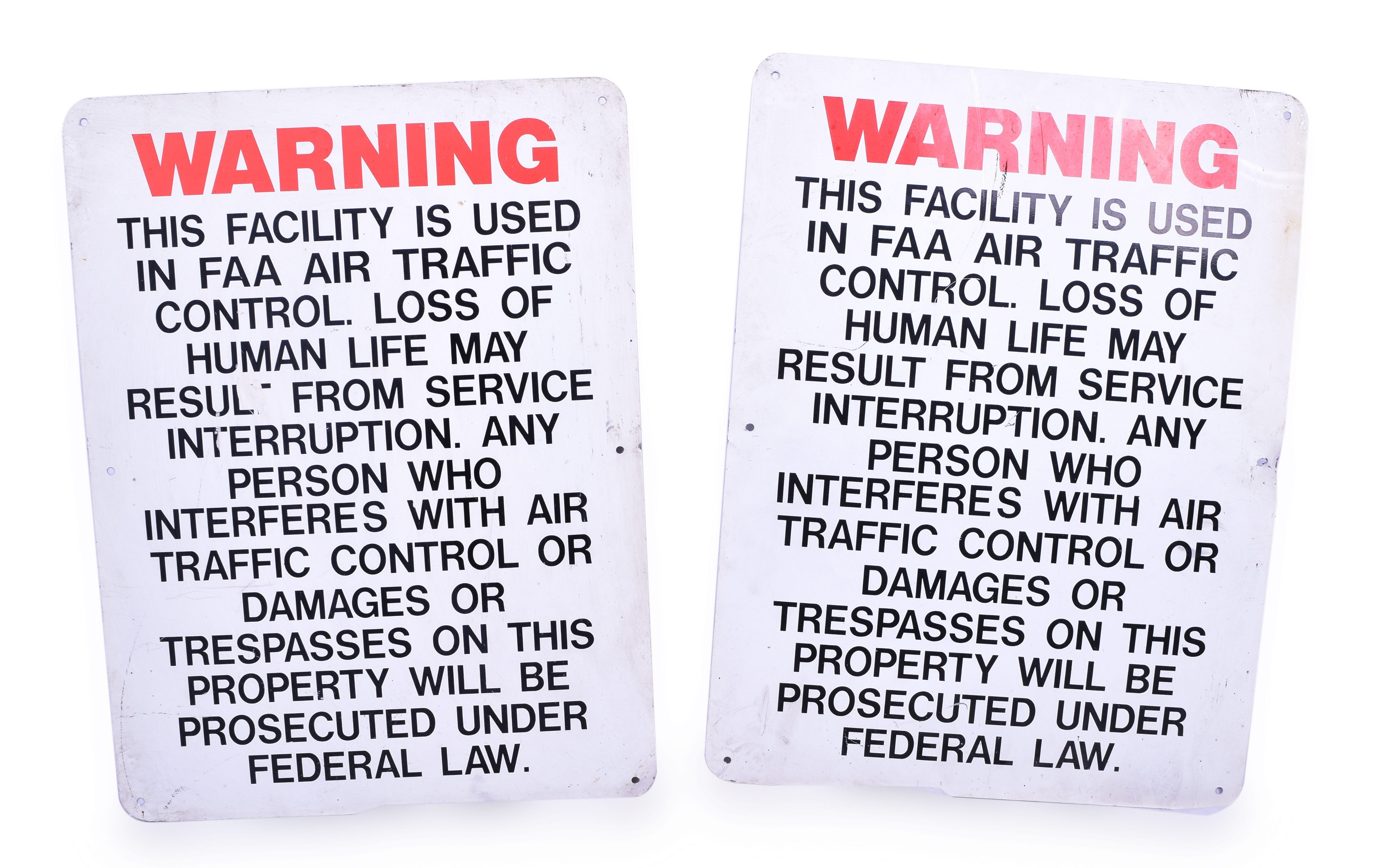1218 - Pair of Aluminum Federal Aircraft Administration Warning No Trespassing Signs thumbnail