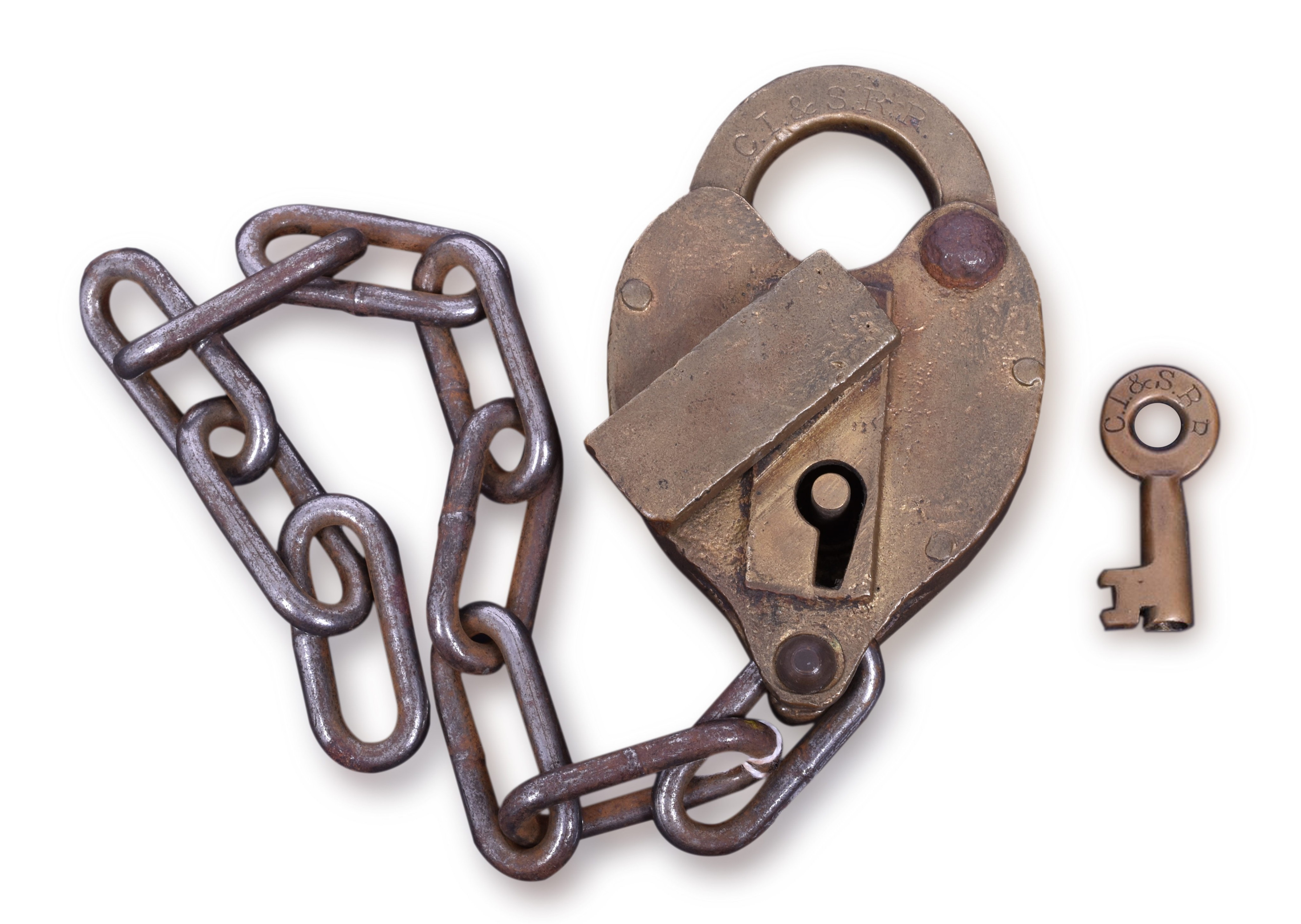 1297 - Chicago, Indiana & Southern Railroad Brass Heart Shaped Lock w/ Key thumbnail