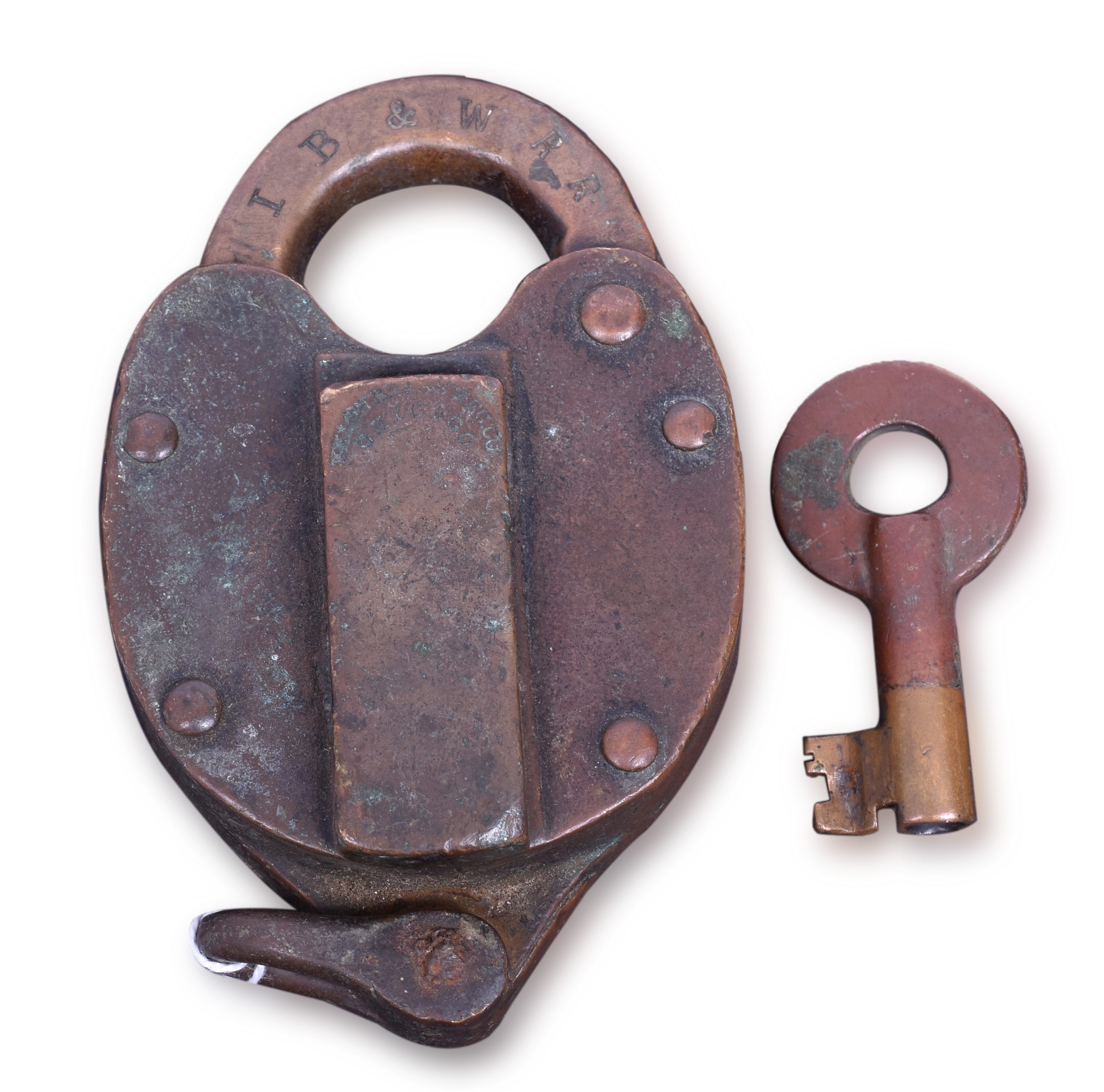 1309 - Indianapolis, Bloomington & Western Railroad Union Brass Heart Shaped Lock w/ Key thumbnail