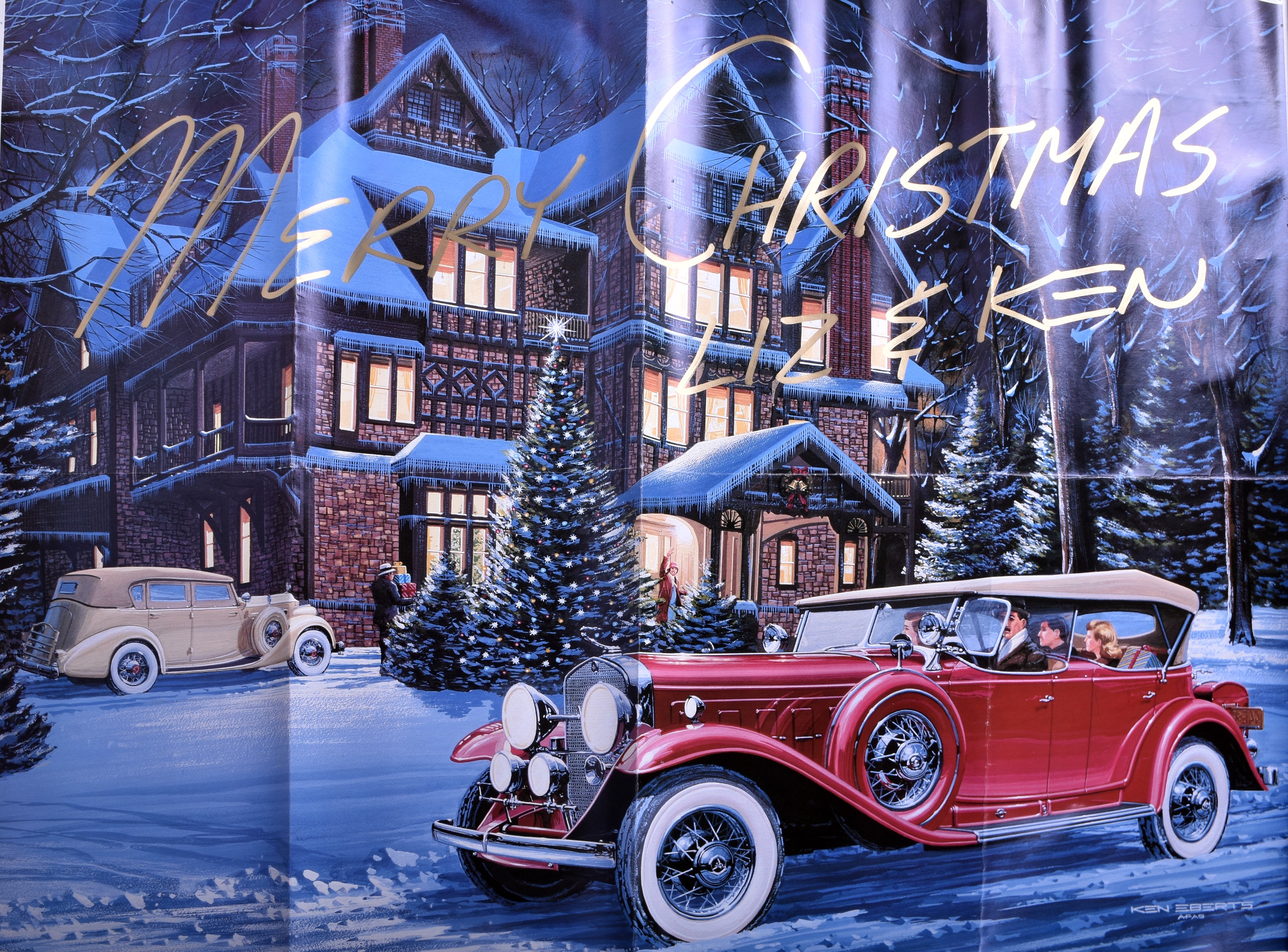 1336 - Ken Eberts 1988 Signed Christmas Poster Featuring Packard Automobiles thumbnail