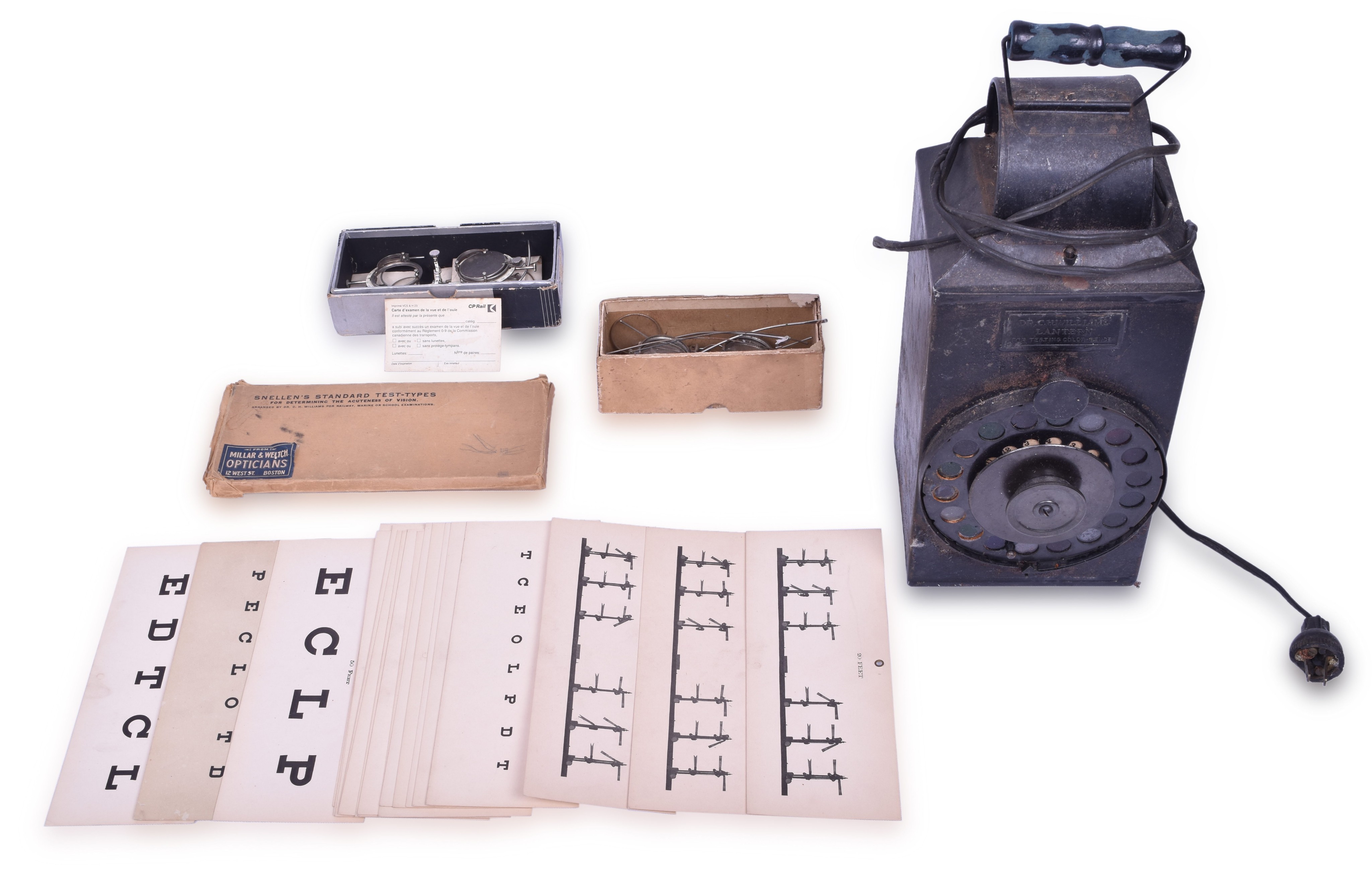 1369 - Railroad Vision Screening Set - Dr. C.H. Williams Lantern, Snellen's Test Cards, Testing Glasses thumbnail