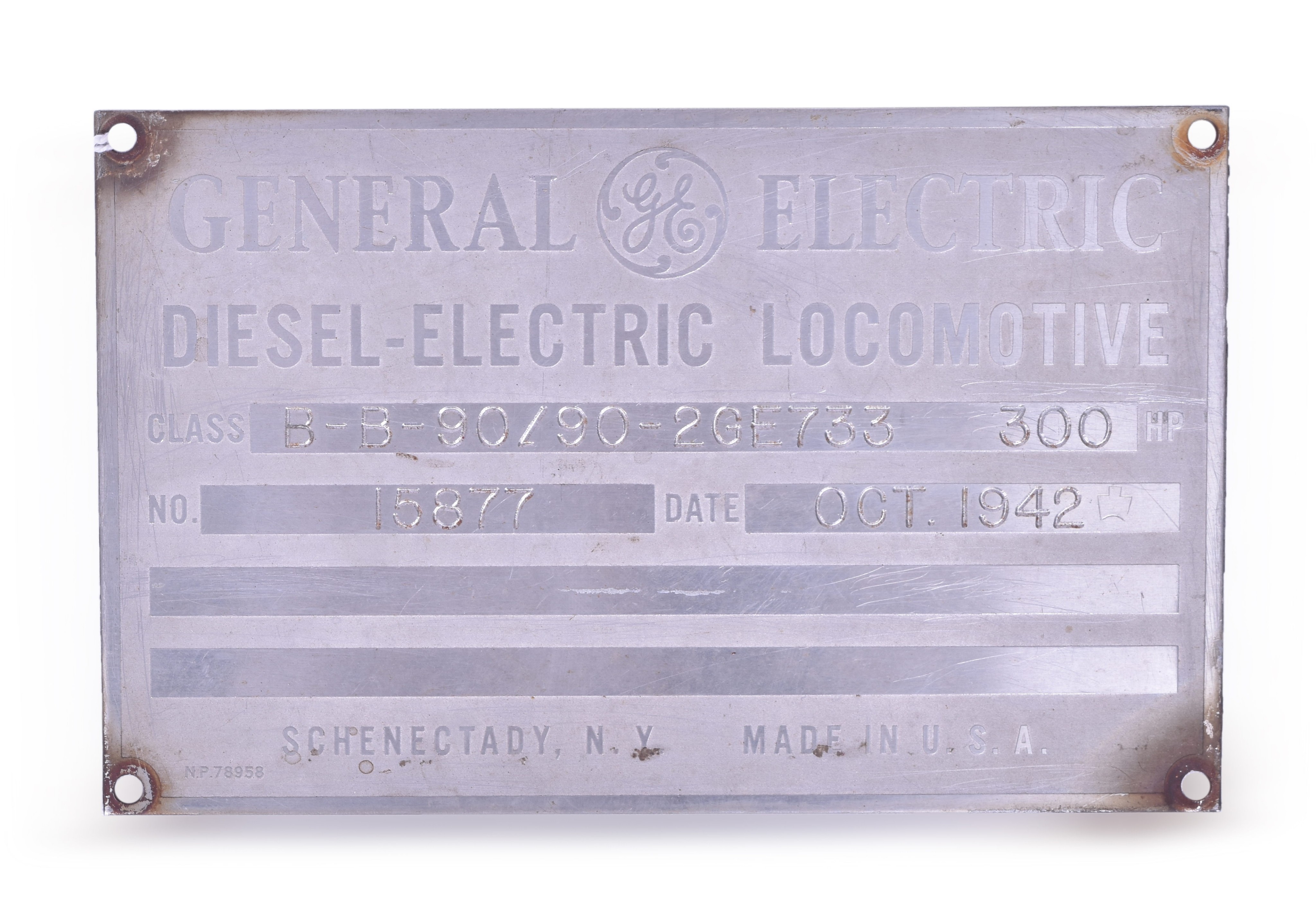 1376 - General Electric 45 /50 Ton Diesel Switcher Builders Plate #15877 - Oct. 1942 thumbnail