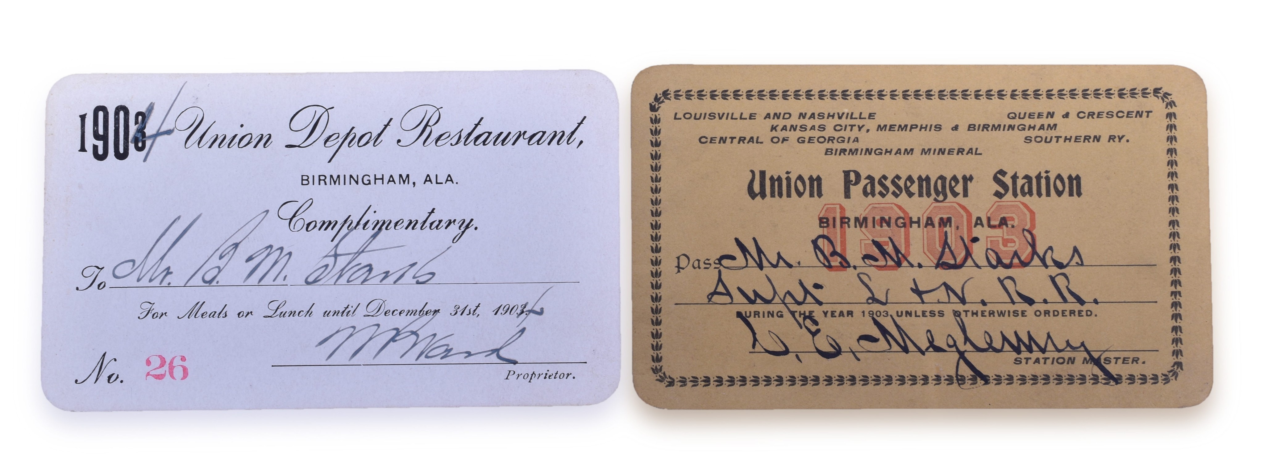 1388 - Pair of 1903 Birmingham Alabama Union Station Passes Issued to the Superintended of the Louisville and Nashville Railroad thumbnail
