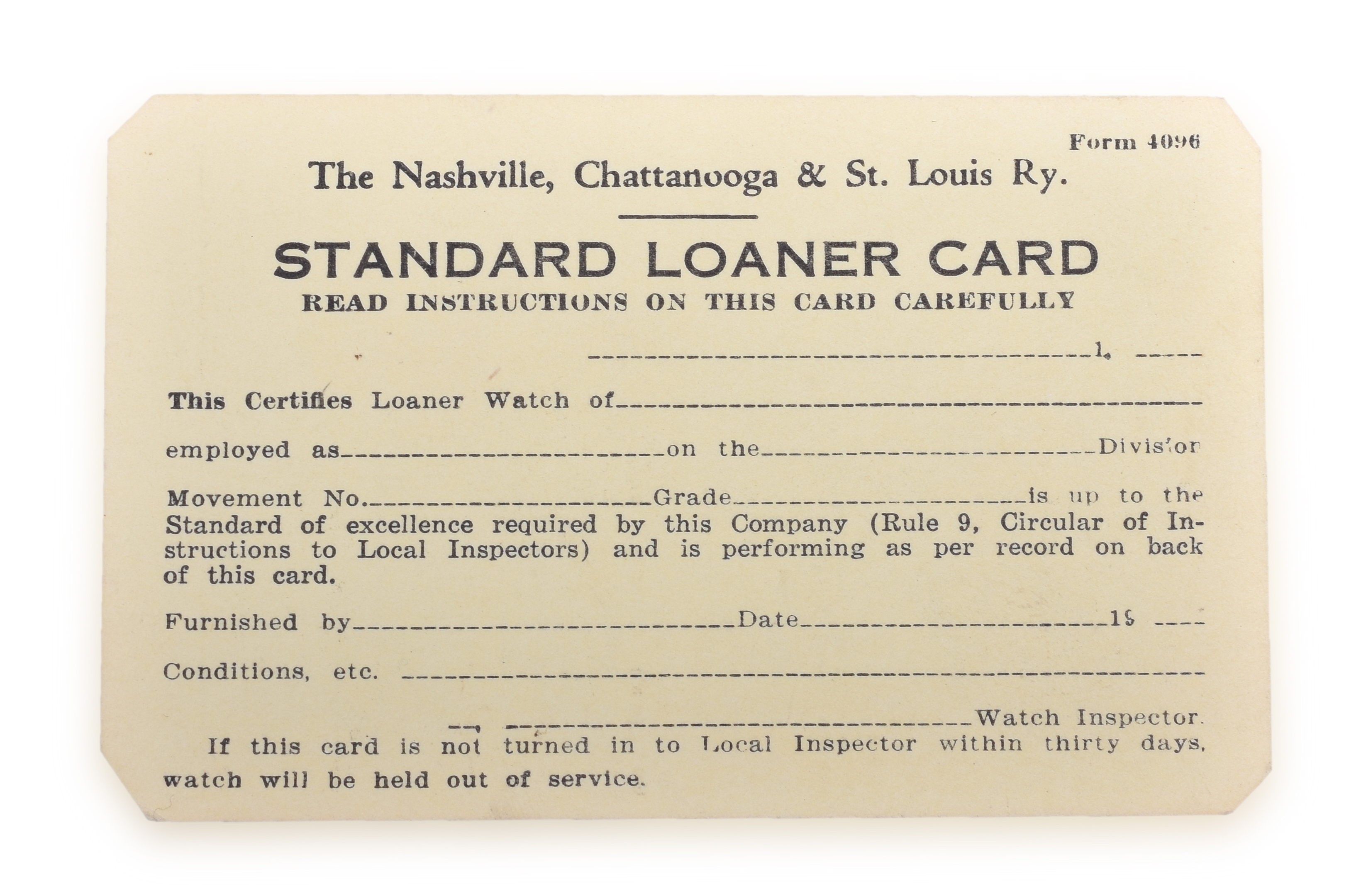 1390 - Nashville Chattanooga & St. Louis Railway Unused Pocket Watch Loaner Card thumbnail