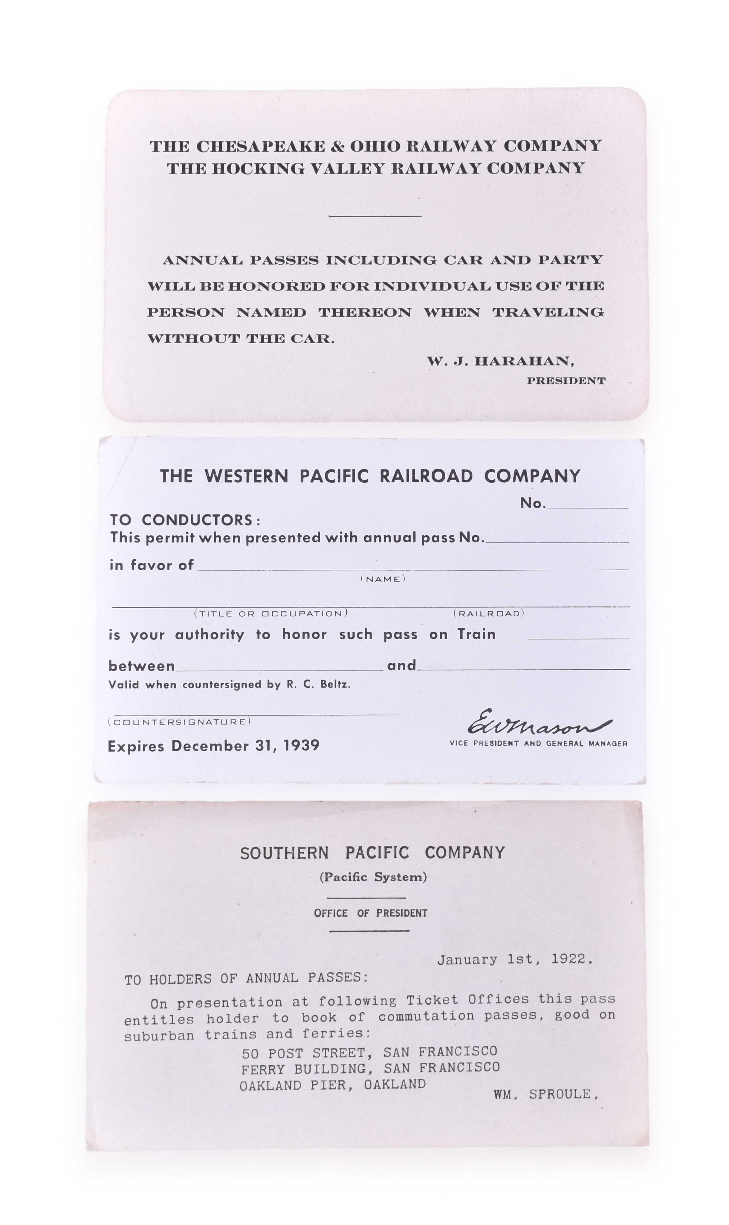 1392 - Three Unused Railroad Annual Pass Instruction Cards - Western Pacific, Southern Pacific, Chesapeake and Ohio / Hocking Valley thumbnail