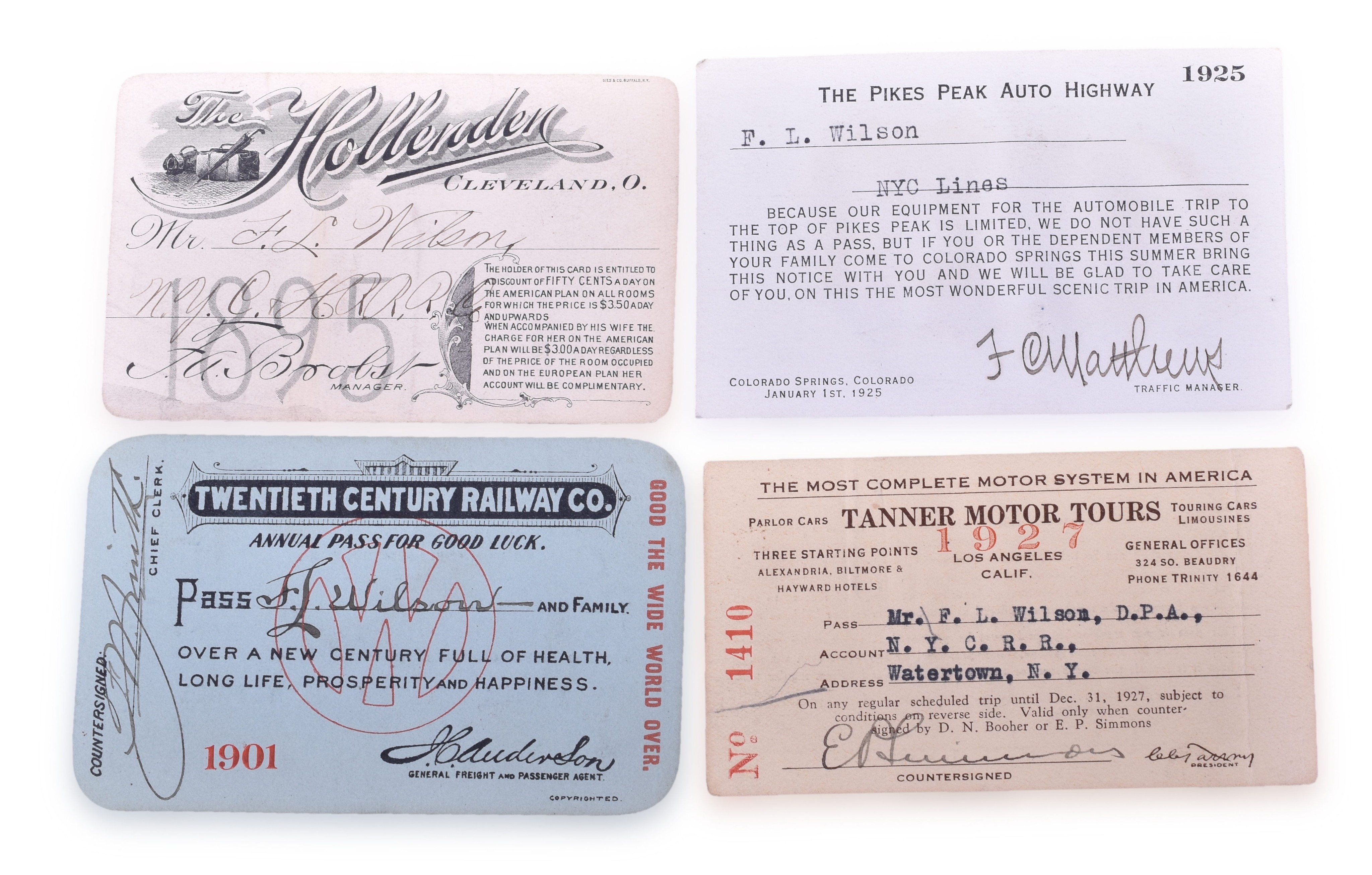 1394 - Four Passes Issued to F.L. Wilson of the New York Central Lines - NY&O, Pikes Peak, Hollander Hotel, and Tanner Motor Tours thumbnail