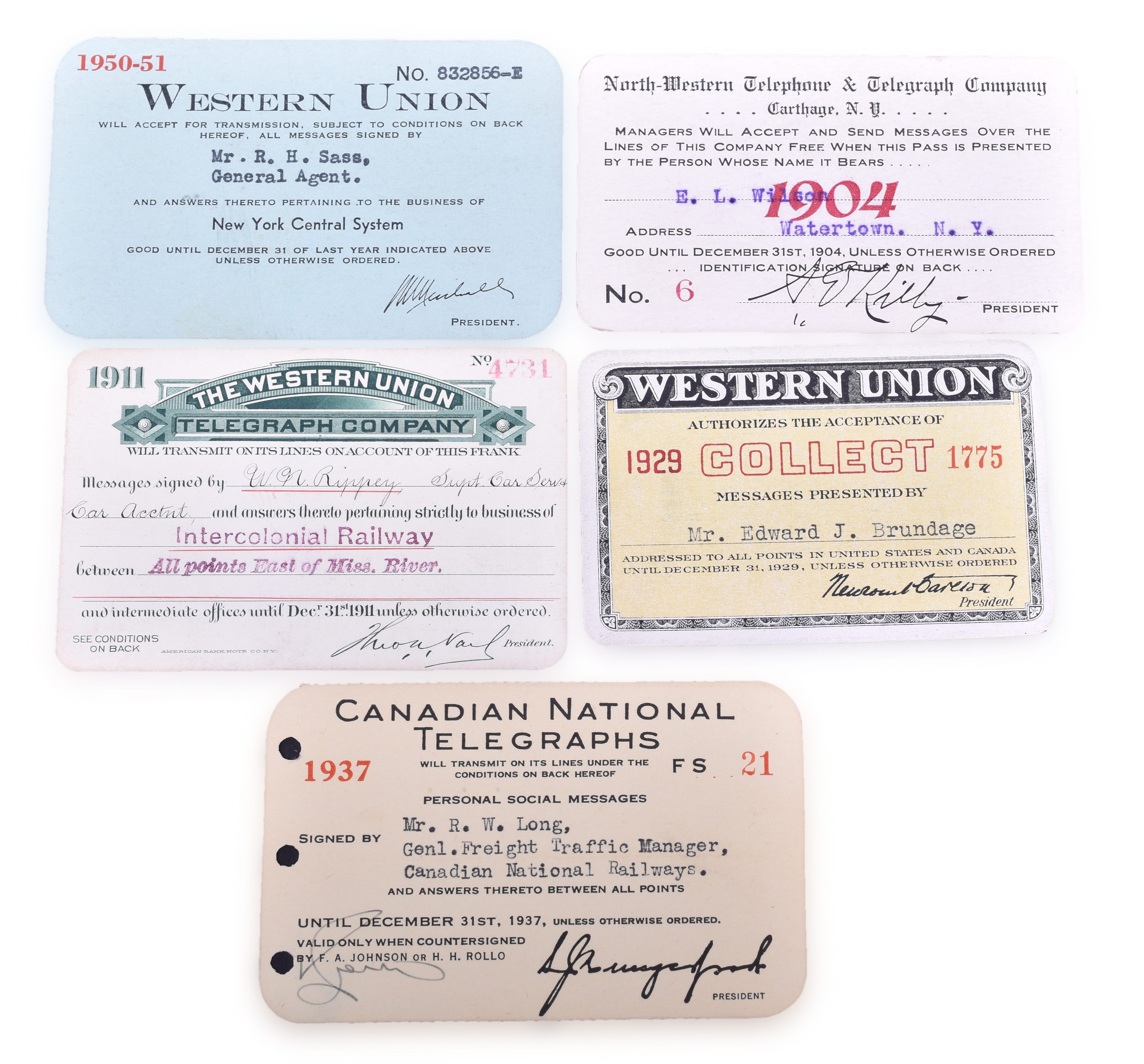1396 - Five Railroad / Telegraph Annual Passes 1904 North-Western T&T, Canadian National Telegraphs, Western Union thumbnail