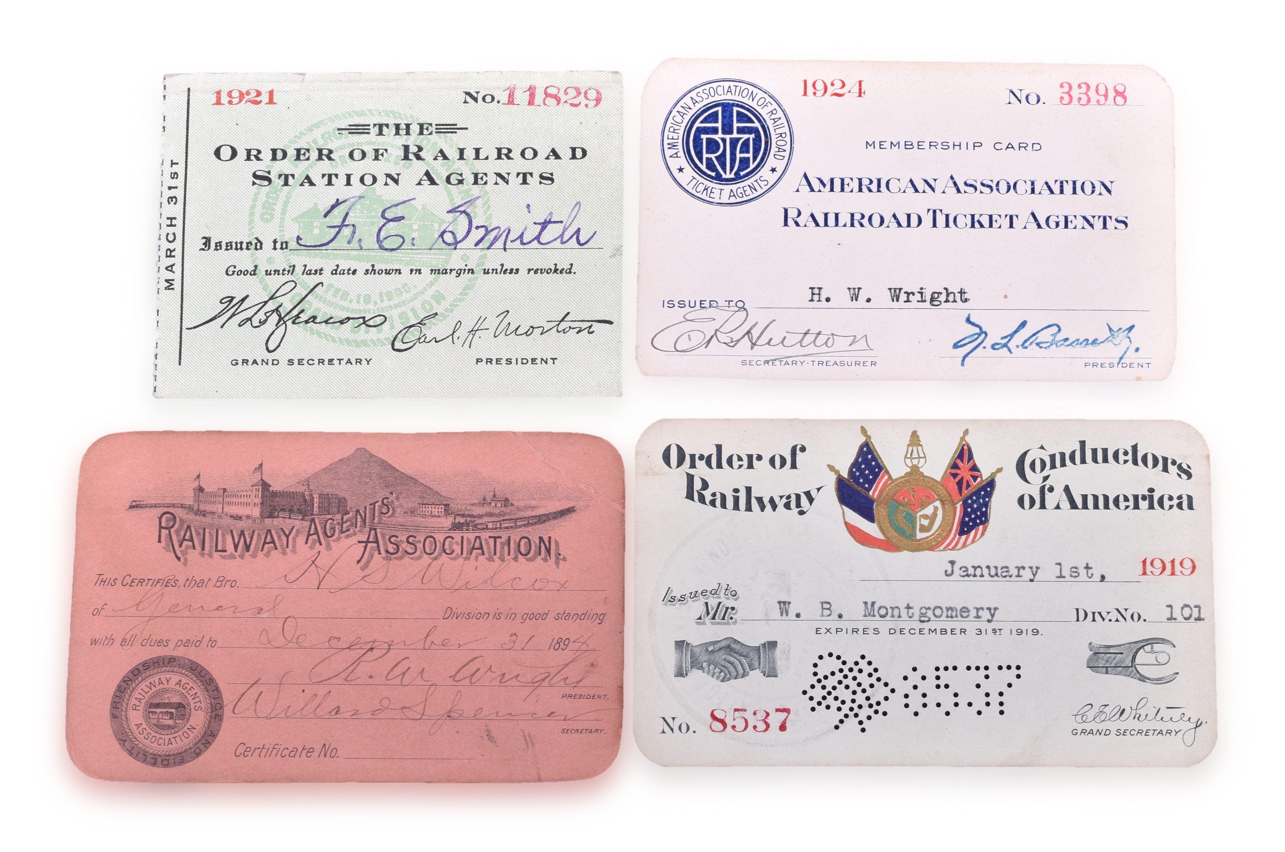 1398 - Four Railroad Membership Cards Railway Agents Association, Order of Railroad Station Agents, etc. thumbnail