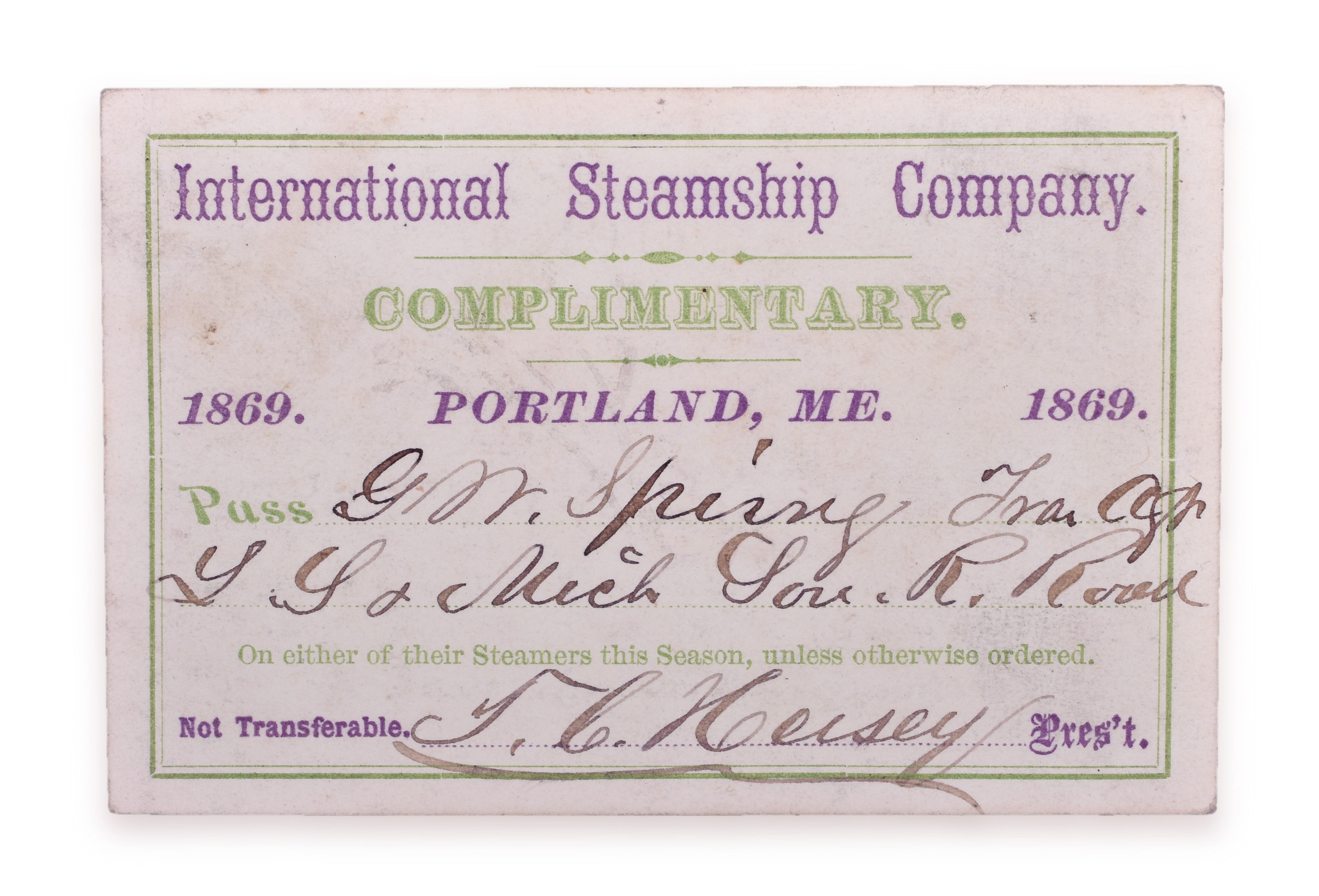 1402 - 1869 International Steamship Company Annual Pass Issued to Lake Shore and Michigan Southern Railroad thumbnail