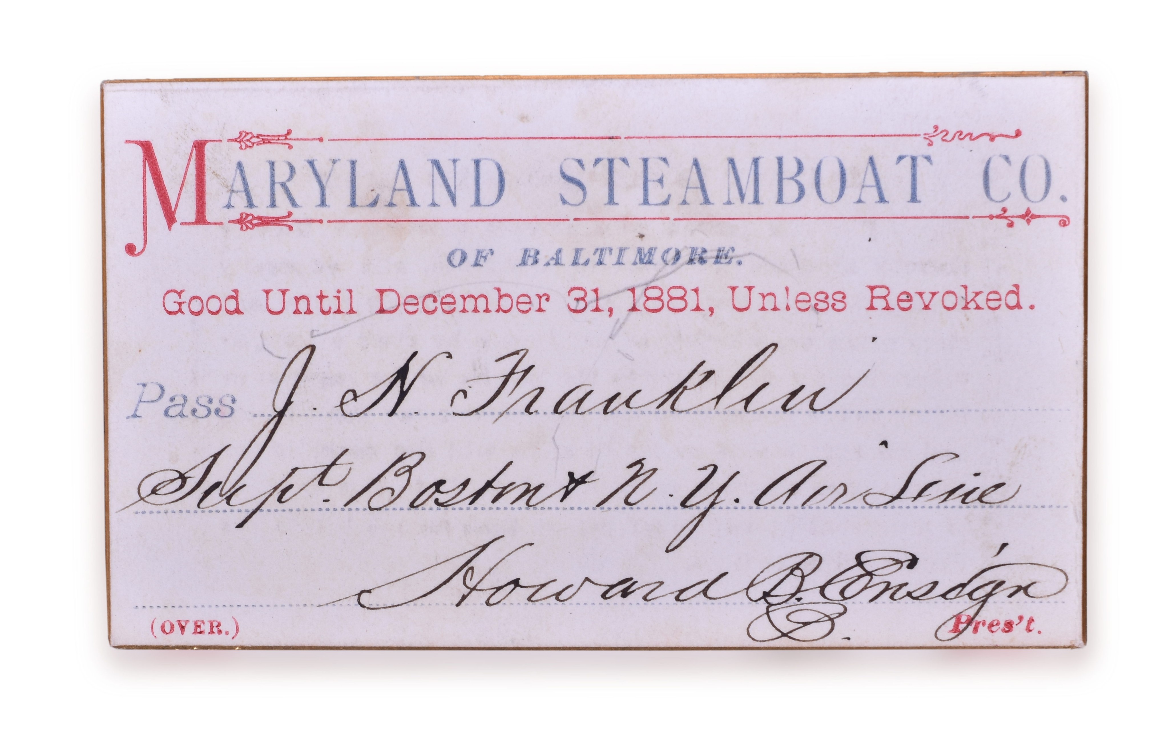 1404 - 1881 Maryland Steamboat Company Issued to Boston and New York Air Line Railroad thumbnail