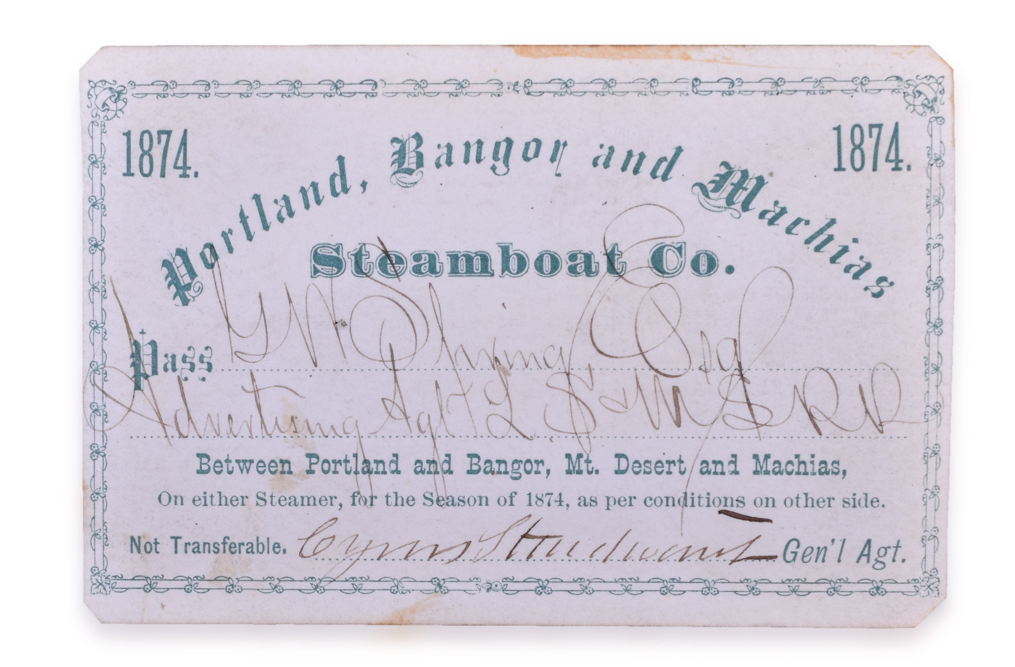 1406 - 1874 Portland, Bangor, and Machias Steamboat Co. Annual Pass Issued to Lake Shore and Michigan Southern thumbnail
