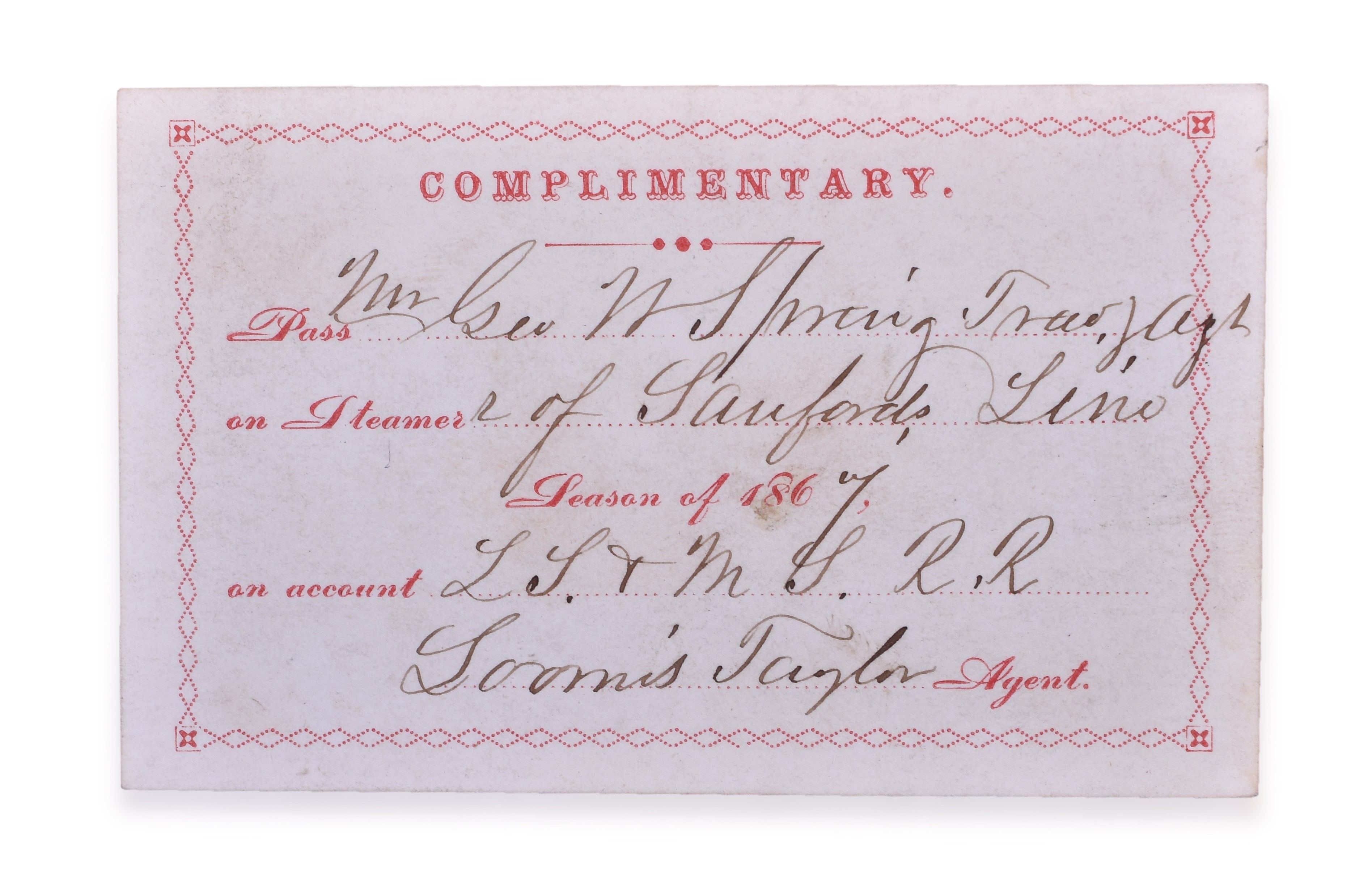 1408 - 1867 Sanford's Line Steam Ship Annual Pass Issued to Lake Shore and Michigan Southern Railroad thumbnail