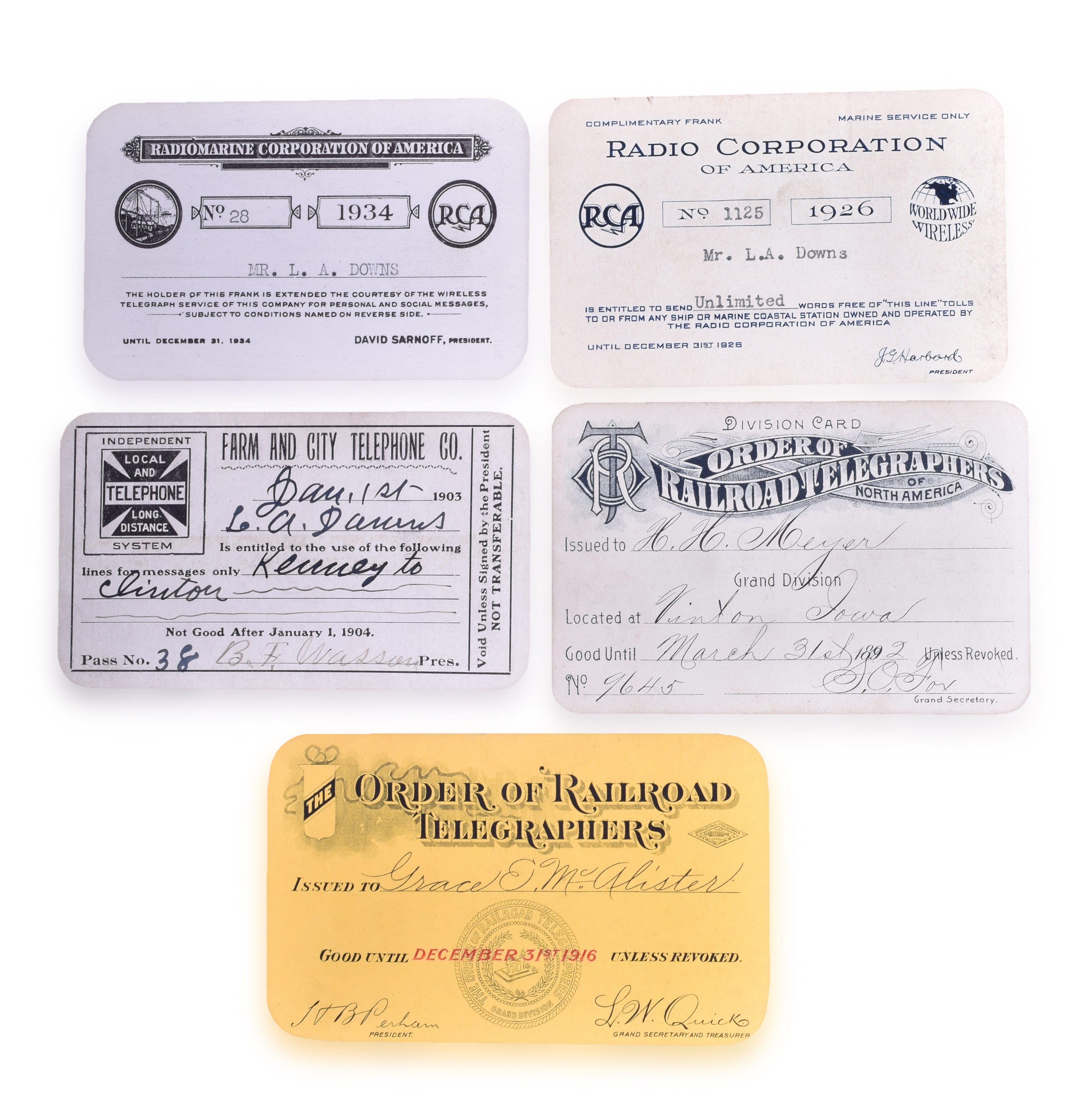 1412 - Five Telegraph / Telephone Passes / Membership Cards - Order of Railroad Telegraphers, Farm and City Telephone Co., Radiomarine Corporation of America thumbnail