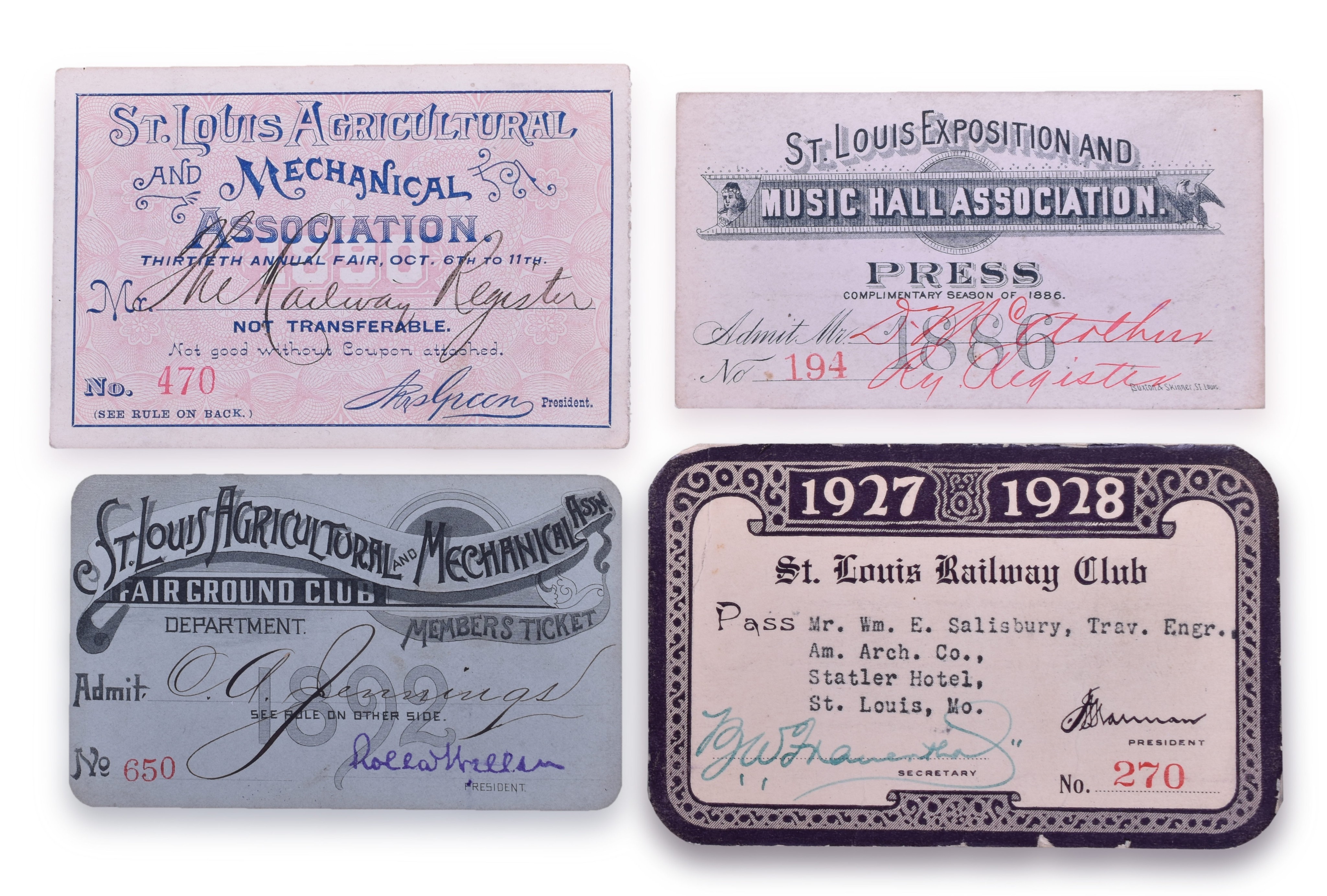 1414 - Four St. Louis Passes - St. Louis Exposition and Music Hall, St. Louis Agricultural and Mechanical Association, St. Louis Railway Club thumbnail