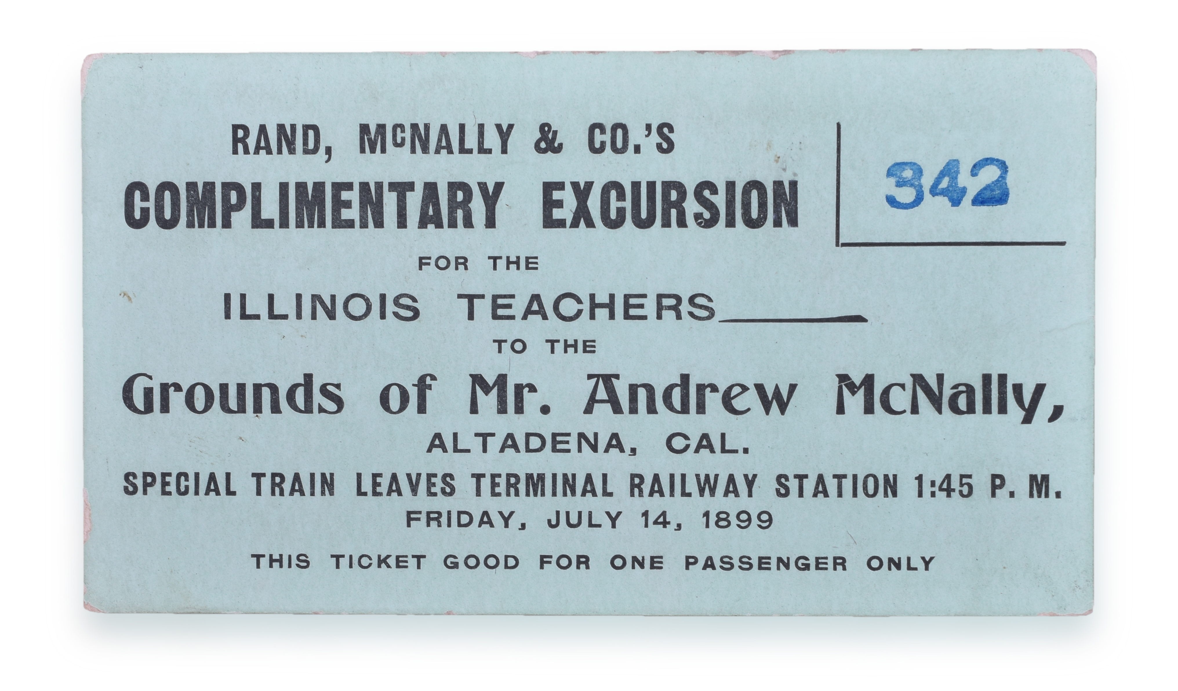 1422 - 1899 Rand, McNally & Co. Railroad Excursion Ticket to Andrew McNally Estate thumbnail