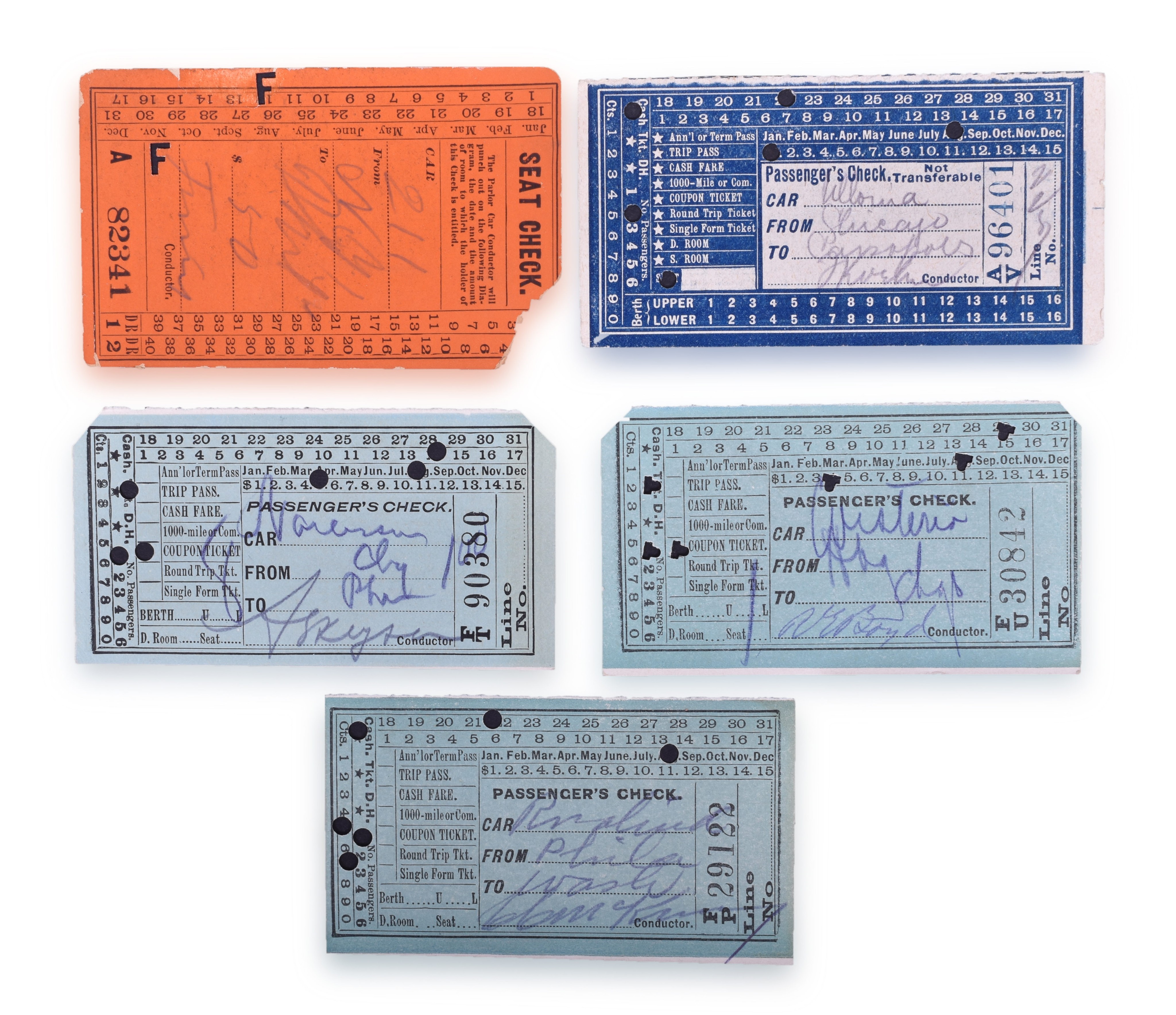 1424 - Five Pullman Palace Car Co. / Pullman Company Seat Check Tickets thumbnail