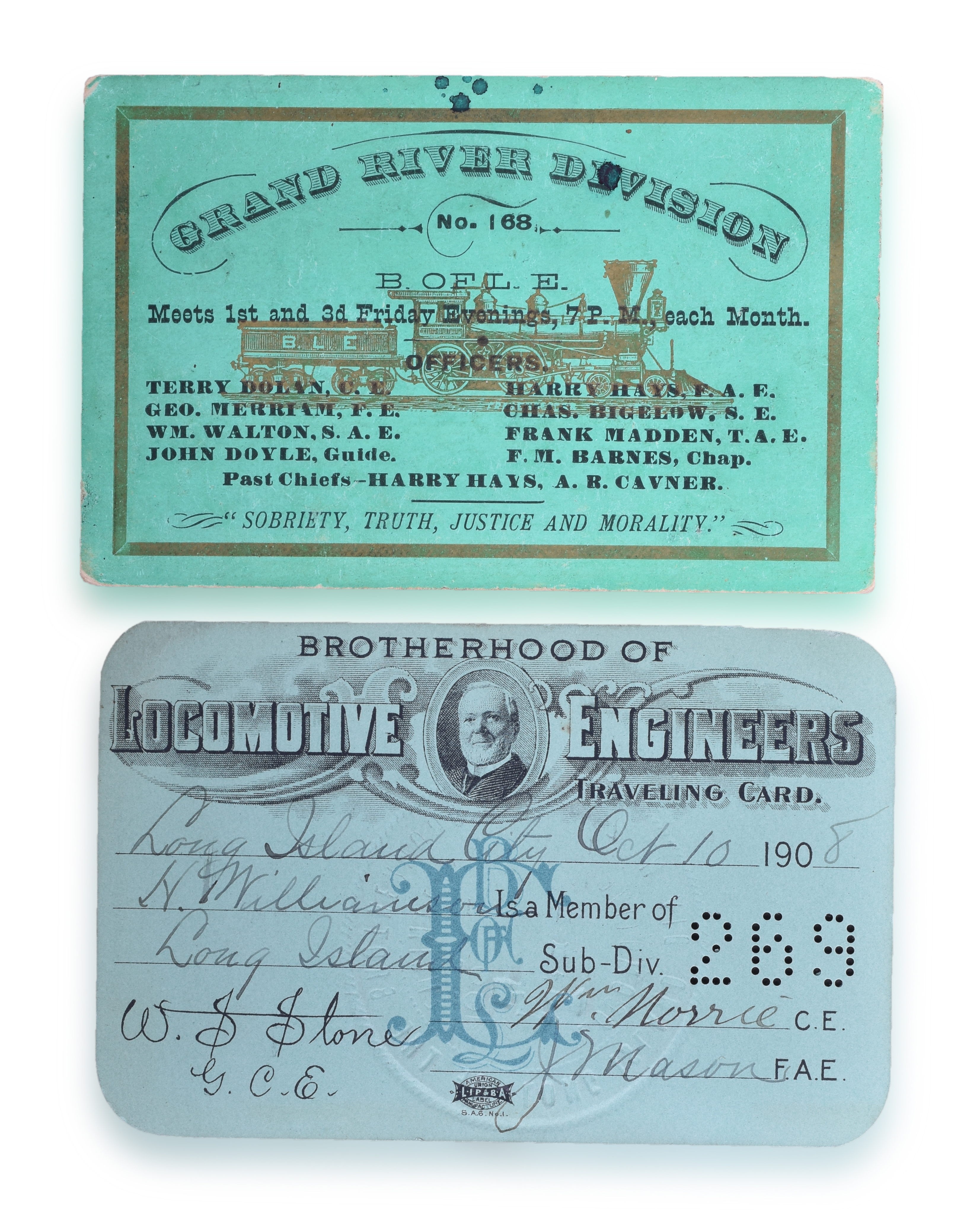 1428 - Pair of Brotherhood of Locomotive Engineer Cards - 1908 Traveling Card and Grand River Information Card thumbnail