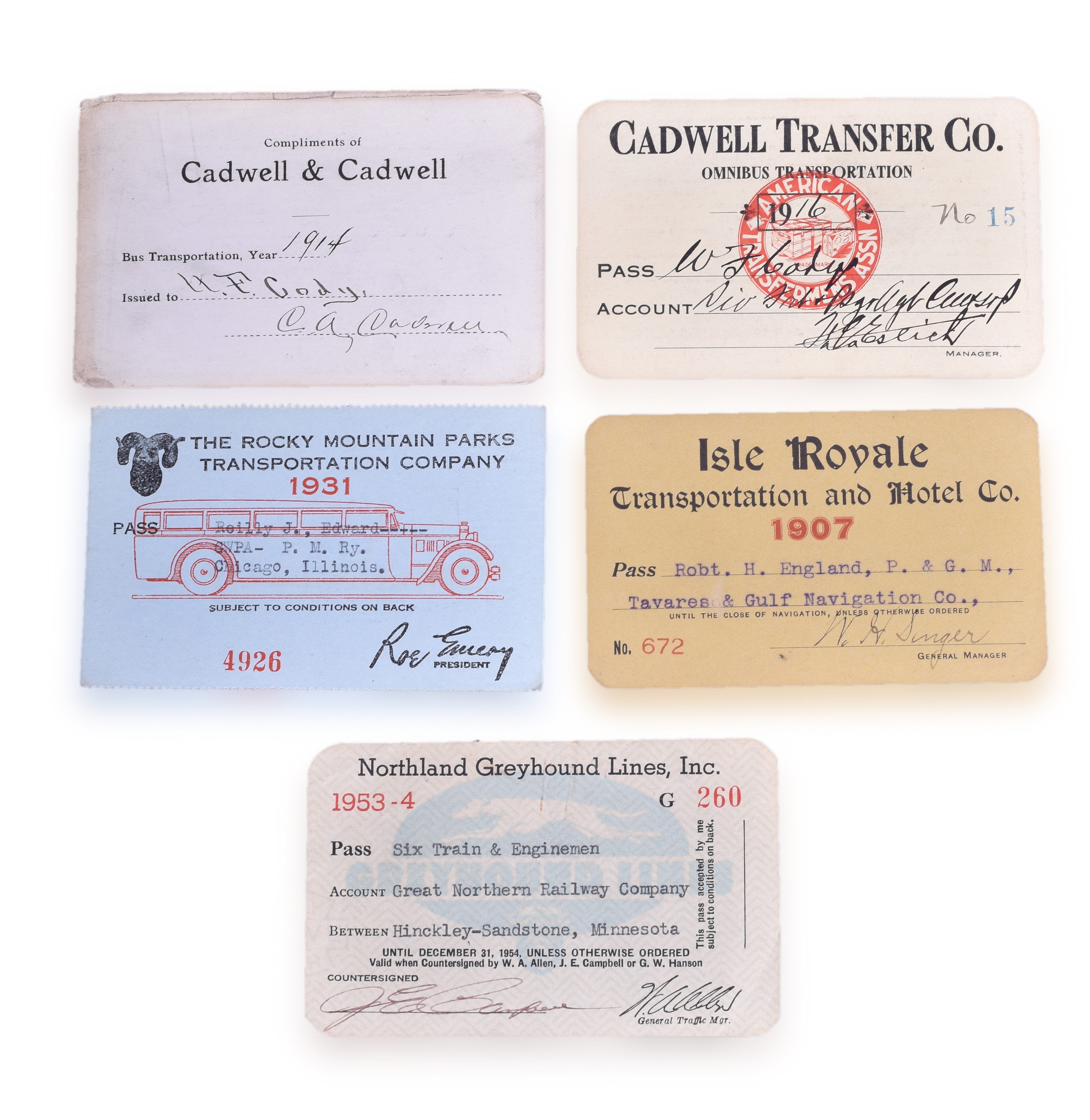 1430 - 5 Transportation Passes - Isle Royale, Rocky Mountain Parks Transportation Company, Cadwell & Cadwell, etc. thumbnail