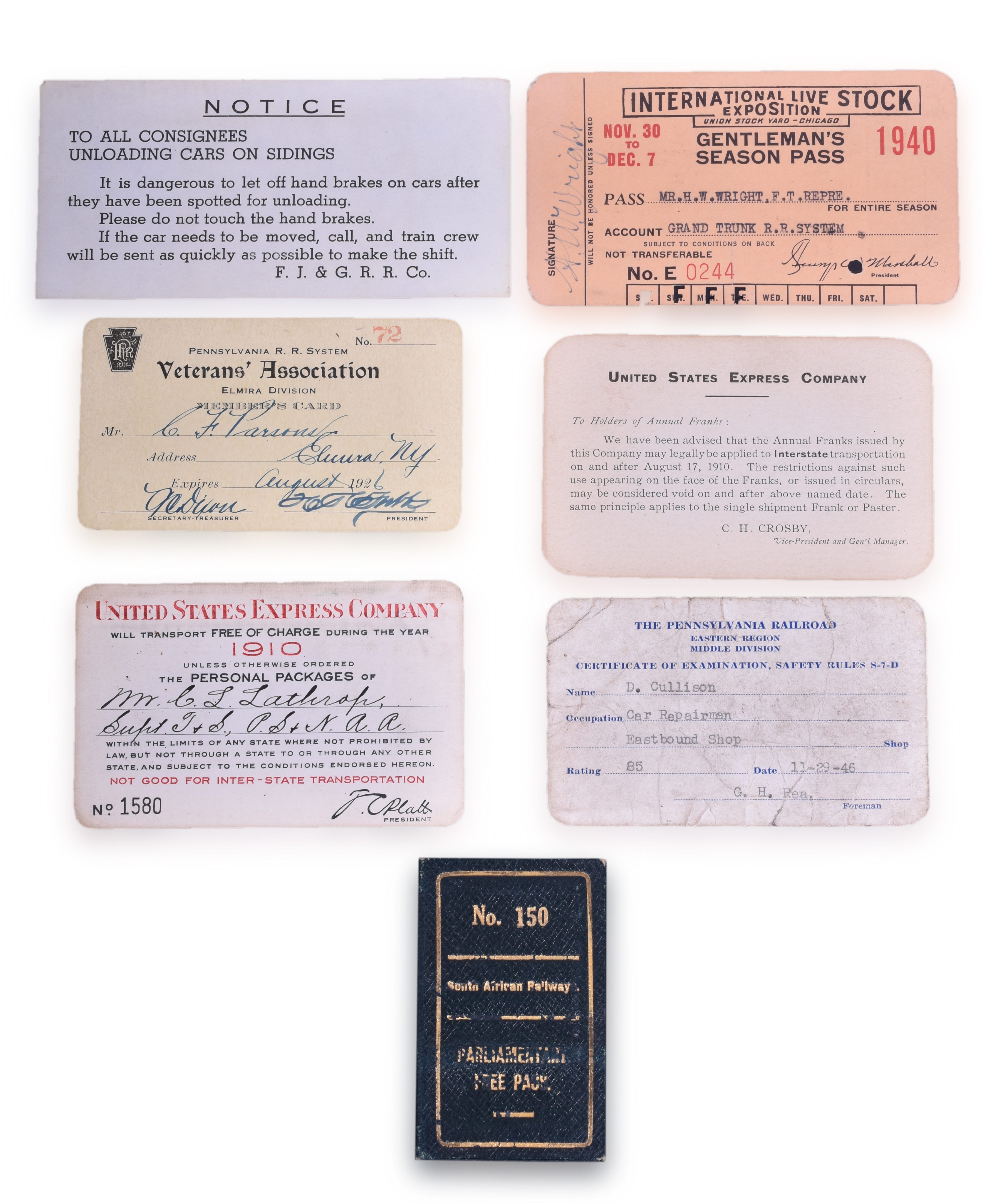 1432 - Seven Railroad and Parcel Company Passes and Identification Cards - Pennsylvania Railroad, Fonda, Johnstown & Gloversville, United States Express Company, etc. thumbnail