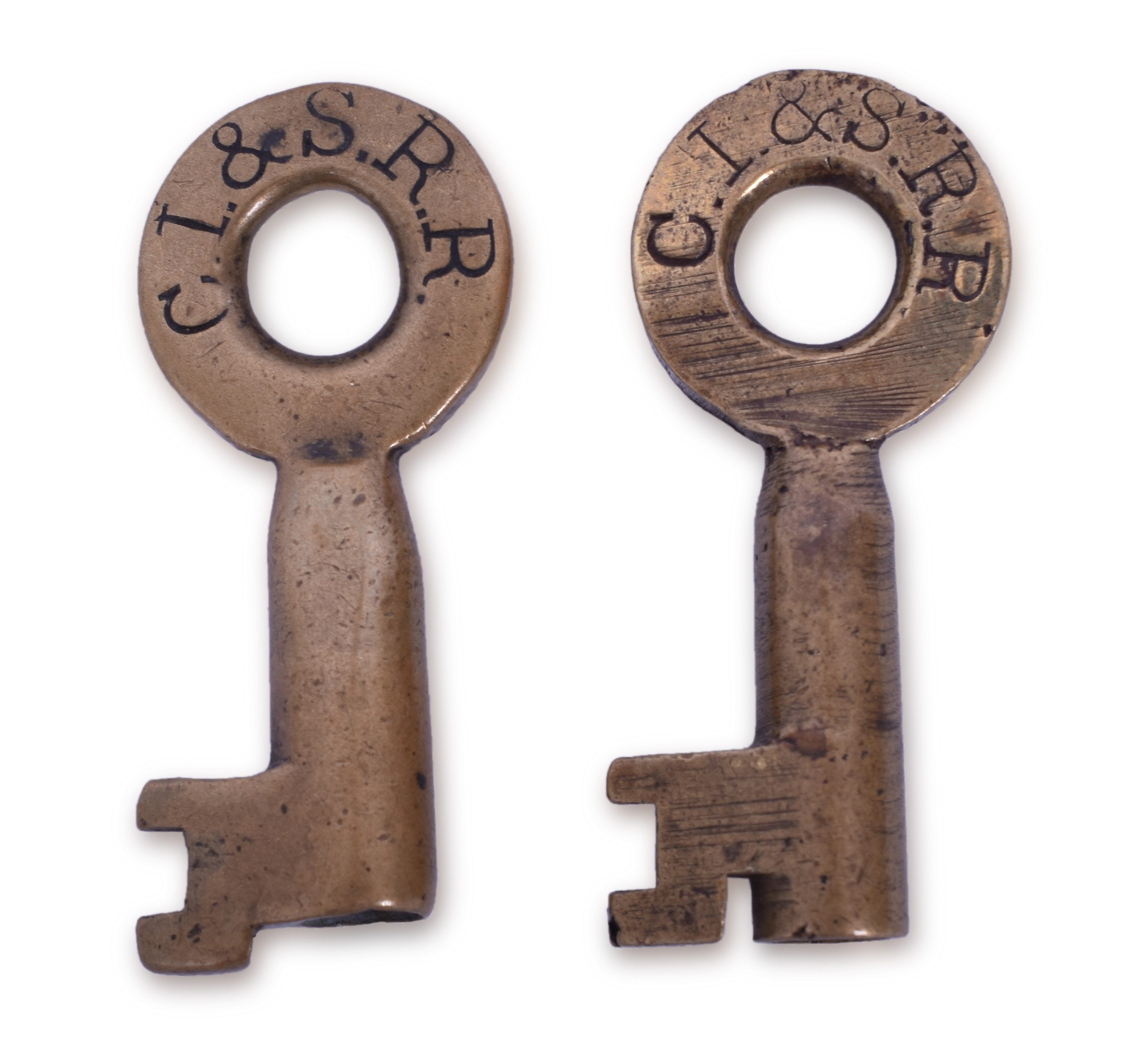 1458 - Pair of Chicago, Indiana & Southern Railroad Brass Tapered Barrel Keys thumbnail